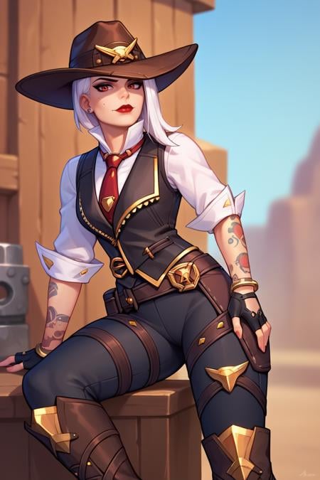 score_9, score_8_up, score_7_up, BREAK, 1girl, solo, <lora:asheow-guy-PONYv1:1>, asheow, makeup, hat, lipstick, tattoo, necktie, cowboy hat, white shirt, jewelry, earrings, black vest, fingerless gloves, black pants, belt, boots, looking at viewer, 