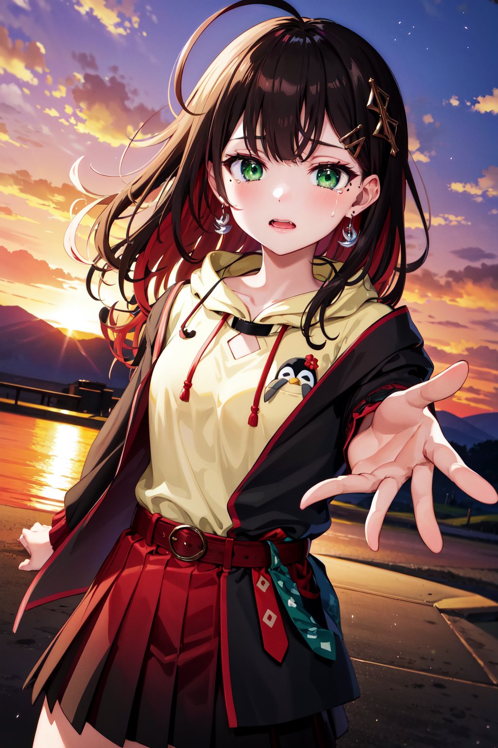 masterpiece, best quality, highres, aayui, medium hair, multicolored hair, hair ornament, ahoge, green eyes, mole under eye, earrings, collared shirt, hoodie, penguin, hood, black jacket, open clothes, long sleeves, belt, red skirt, pleated skirt, <lora:hizuki_yui_v1:0.7>, sunset, fied, reaching out, tears, cowboy shot, 