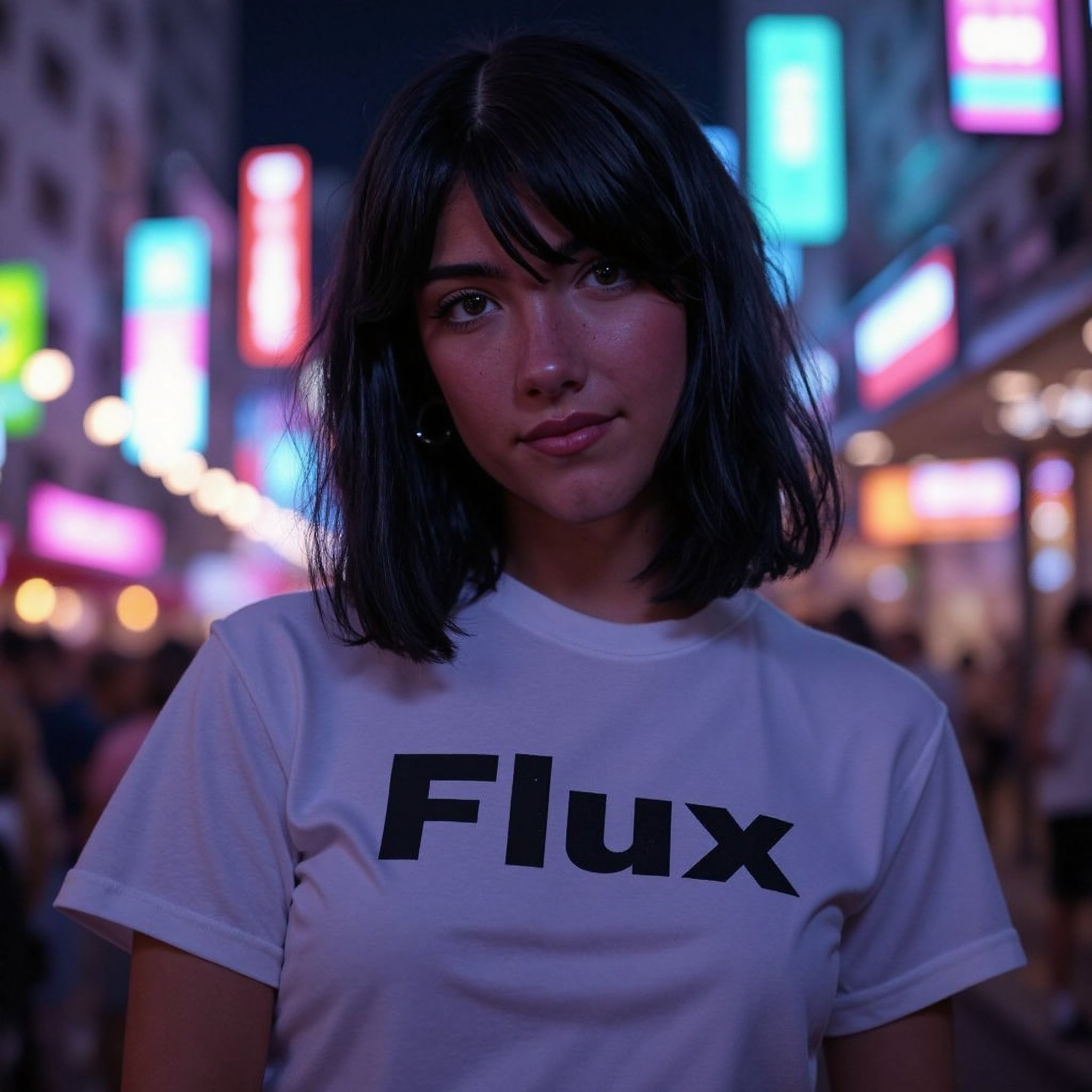 Create a detailed, close-up portrait of ch4rl1 standing on a city street at night. The background should be filled with vibrant neon lights and signs, casting a colorful glow on the surroundings. ch4rl1 should be wearing a white short-sleeved t-shirt with the word 'Flux' written across the chest in bold, black letters. The focus of the image should be on her face and upper torso, with the bright neon lights and signs of the city reflected in her eyes and the subtle shine of the fabric of her shirt. The overall atmosphere should be gritty and urban, with a sense of excitement and anticipation in the air<lora:CharliDamelioFlux_V1><lora:flux_realism_lora>