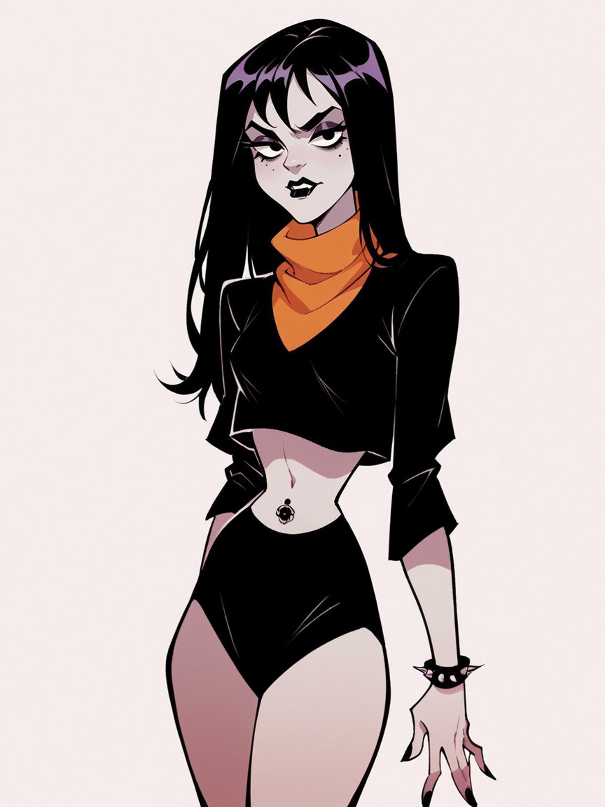 score_9, score_8_up, score_7_up, score_6_up, <lora:sc00byXLP:1> sc00by, 1girl, flat color, scooby-doo, goth, long black hair,