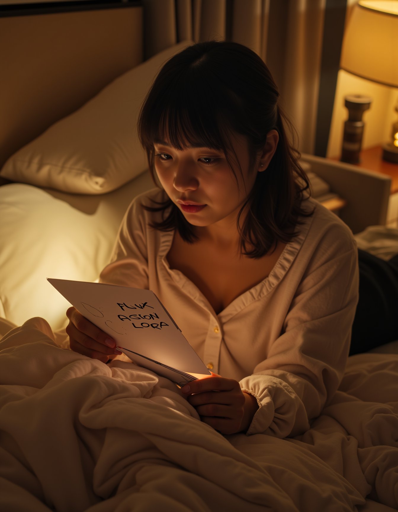 A woman sitting comfortably on a cozy bed, holding a piece of paper printed "FLUX ASIAN LORA" in bold and hand draw style. The setting is intimate and warm, with soft blankets and plush pillows surrounding her, creating a sense of relaxation and comfort. She gazes thoughtfully at the paper, her expression a mix of contemplation and curiosity. The room is softly lit, with warm, ambient lighting that enhances the serene atmosphere, casting gentle shadows that add depth to the scene. The overall mood is peaceful and introspective, with the focus on the woman and the mysterious message on the paper, inviting the viewer to wonder about its meaning, <lora:hinaFluxAsianMixLora_v2-rev4:0.9>