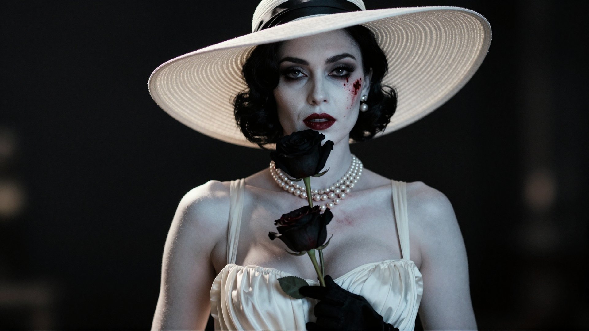 cinematic film still of Alcina Dimitrescu a pale skin woman with makeup and a hat on,  perfect image,  perfect body by Eau...