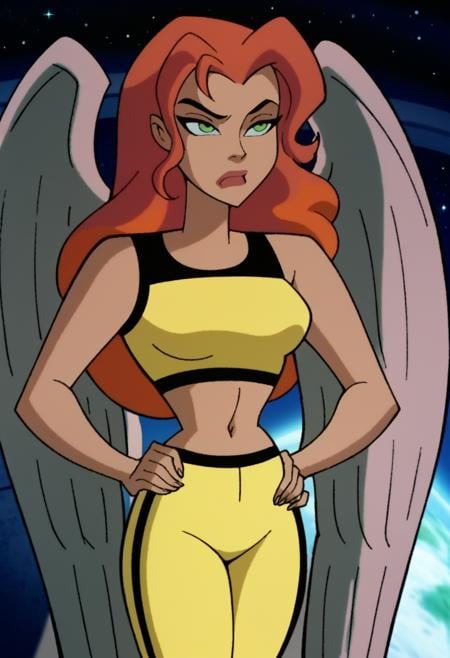 score_9, score_8_up, score_7_up, dcaustyle, 1girl, solo, shayera hol, cowboy shot, feathered wings, green eyes, orange hair, parted bangs, long hair, medium breasts, yellow sports bra, yellow track pants, midriff, navel, space, hands on hips, red lips, bored