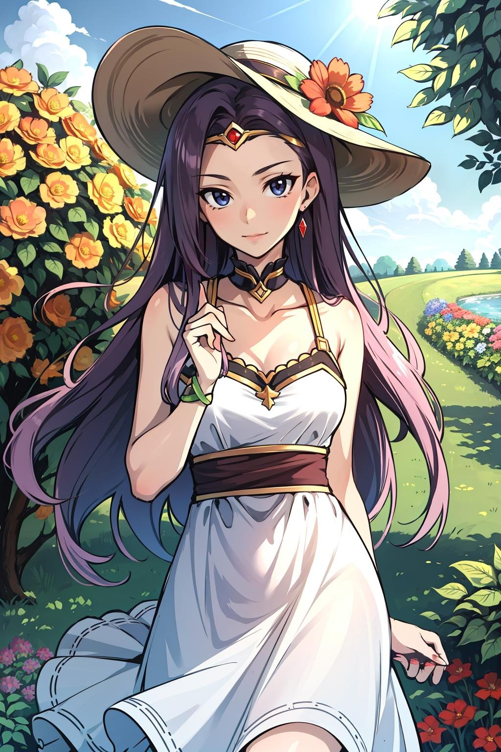 masterpiece, best quality, respSonya, circlet, sun hat, white sundress, looking at viewer, garden, flower pots <lora:sonya-nvwls-v1-000012:0.7>