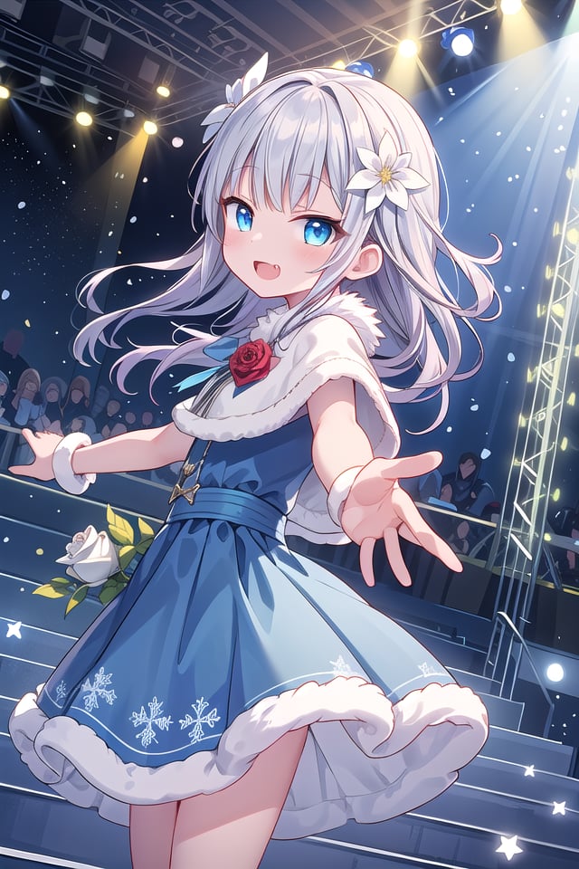 girl,audience,blue capelet,blue dress,blue eyes,capelet,catwalk (walkway),dot nose,dress,dutch angle,fang,film grain,flower,from side,fur-trimmed capelet,fur-trimmed dress,fur trim,glowstick,hair down,hair flower,hair ornament, idol,idol clothes,lens flare,long hair,looking at viewer,open mouth,outstretched arm,rose,smile,snowflakes,solo,sparkle,stage,stage lights,star (symbol),white flower,white rose ,