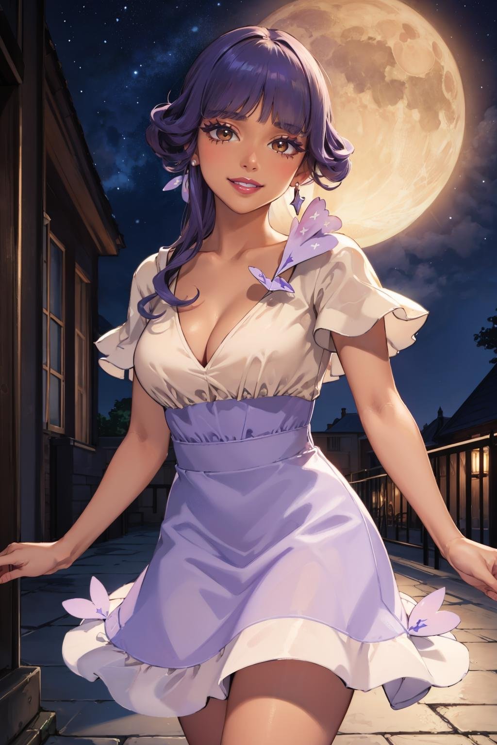 masterpiece, best quality,  <lora:tulip-nvwls-v1-000009:0.9> pkmnlip, brown eyes, dark skin, lipstick, earring, purple dress, short sleeves, cleavage, cowboy shot, smile, night sky, mansion, looking at viewer, full lips, smile