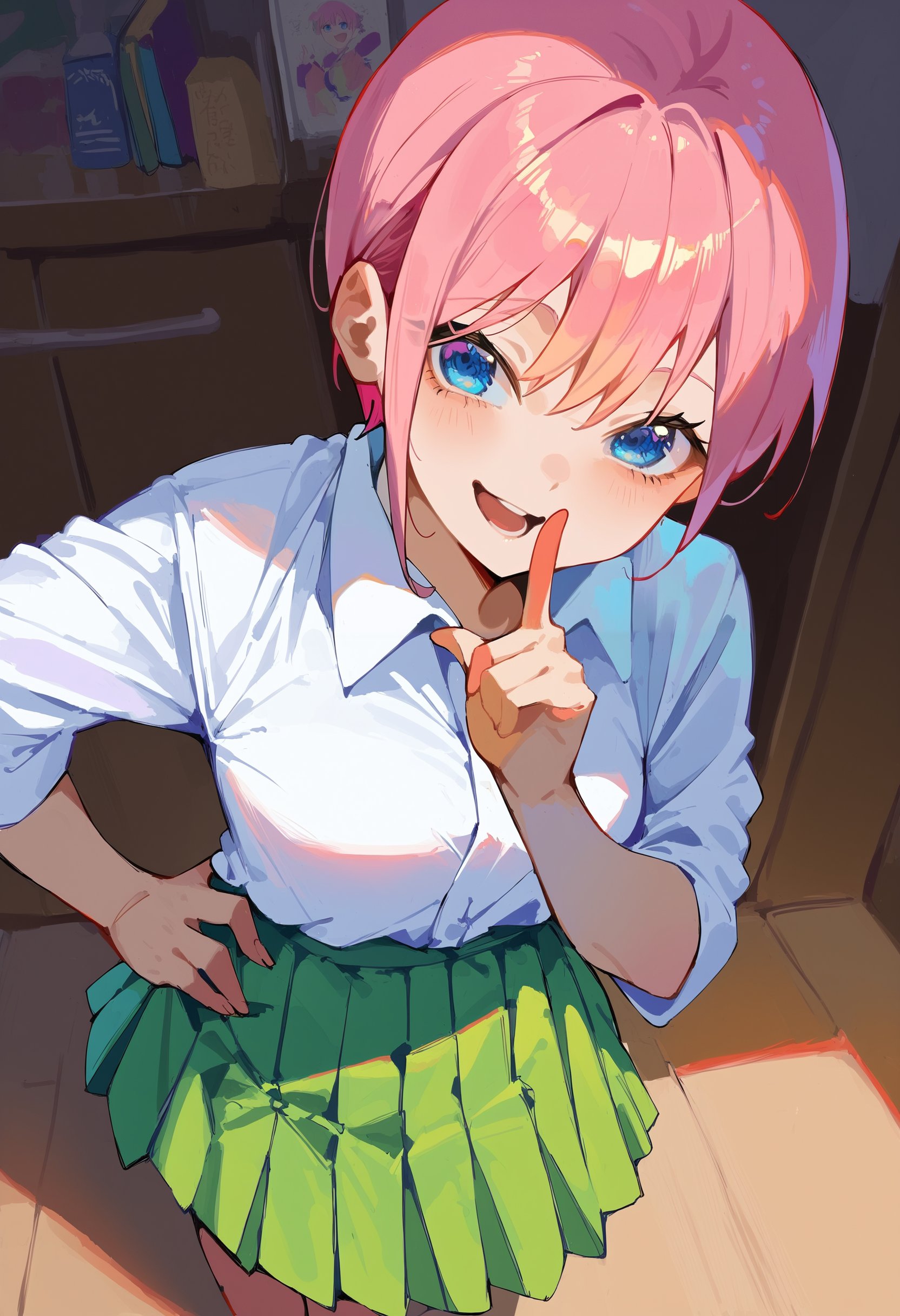 score_9, score_8_up, score_7_up, score_6_up, source anime,akihcipnxl, nakano ichika, 1girl, pink hair, blue eyes, index finger raised, hand on own hip, green pleated skirt, white shirt, collared shirt, indoors, smile, open mouth, from above,masterpiece, best quality, very aesthetic, absurdres<lora:quintessential_quintuplets:1>