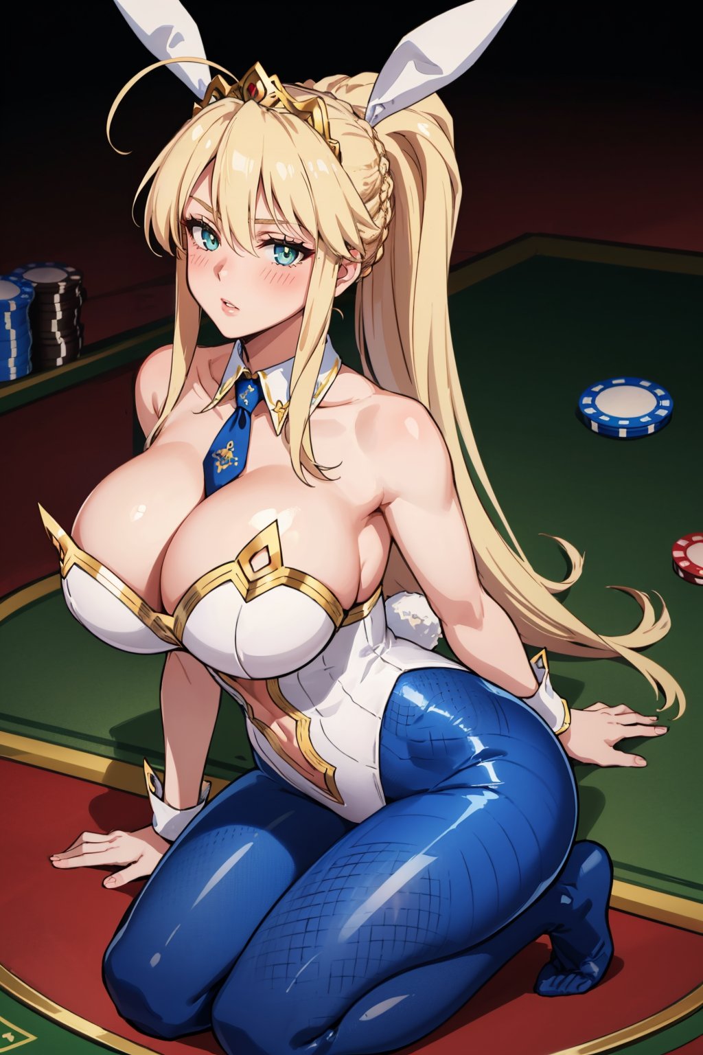 masterpiece, best quality, 1girl, <lora:artoriaruler-nvwls-v1-000009:0.9> 1struler, ponytail, braid, fake rabbit ears, tiara, detached collar, short necktie, blue necktie, bare shoulders, white leotard, cleavage, navel cutout, blue leggings, fishnets, wrist cuffs, huge breasts, seiza, looking at viewer, blush, casino