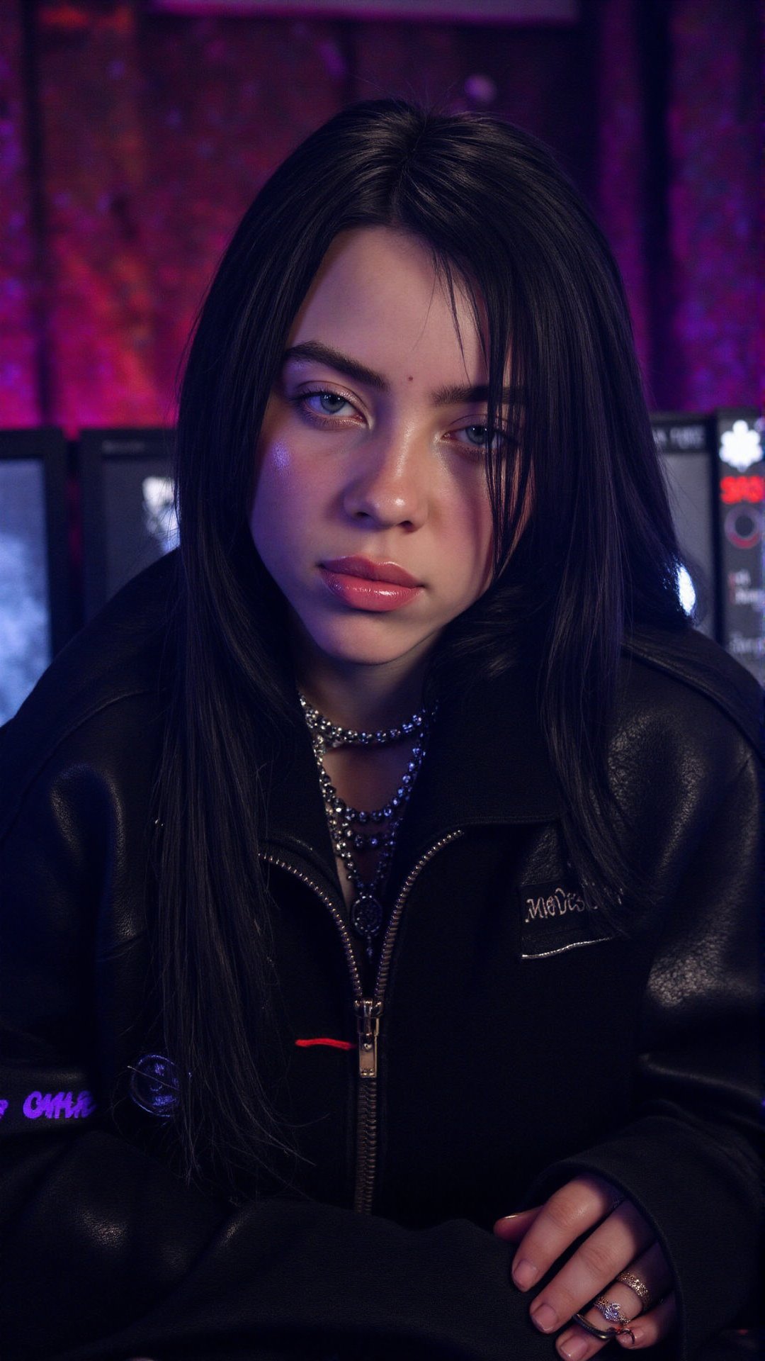 In an extremely high-quality close-up shot set in an ultimate PC gaming room, Billie Eilish, with her long, sleek black hair cascading over her shoulders, strikes a poised, confident pose  smiling smirk amid a high-tech setup of glowing RGB lights and cutting-edge gaming equipment, her striking features highlighted by the vibrant neon colors of the room, while she wears a futuristic, high-fashion black leather jacket with subtle metallic accents, perfectly blending her bold, modern style with the immersive, high-energy atmosphere of the gaming environment.BREAK <lora:billieeilish-lora:1>