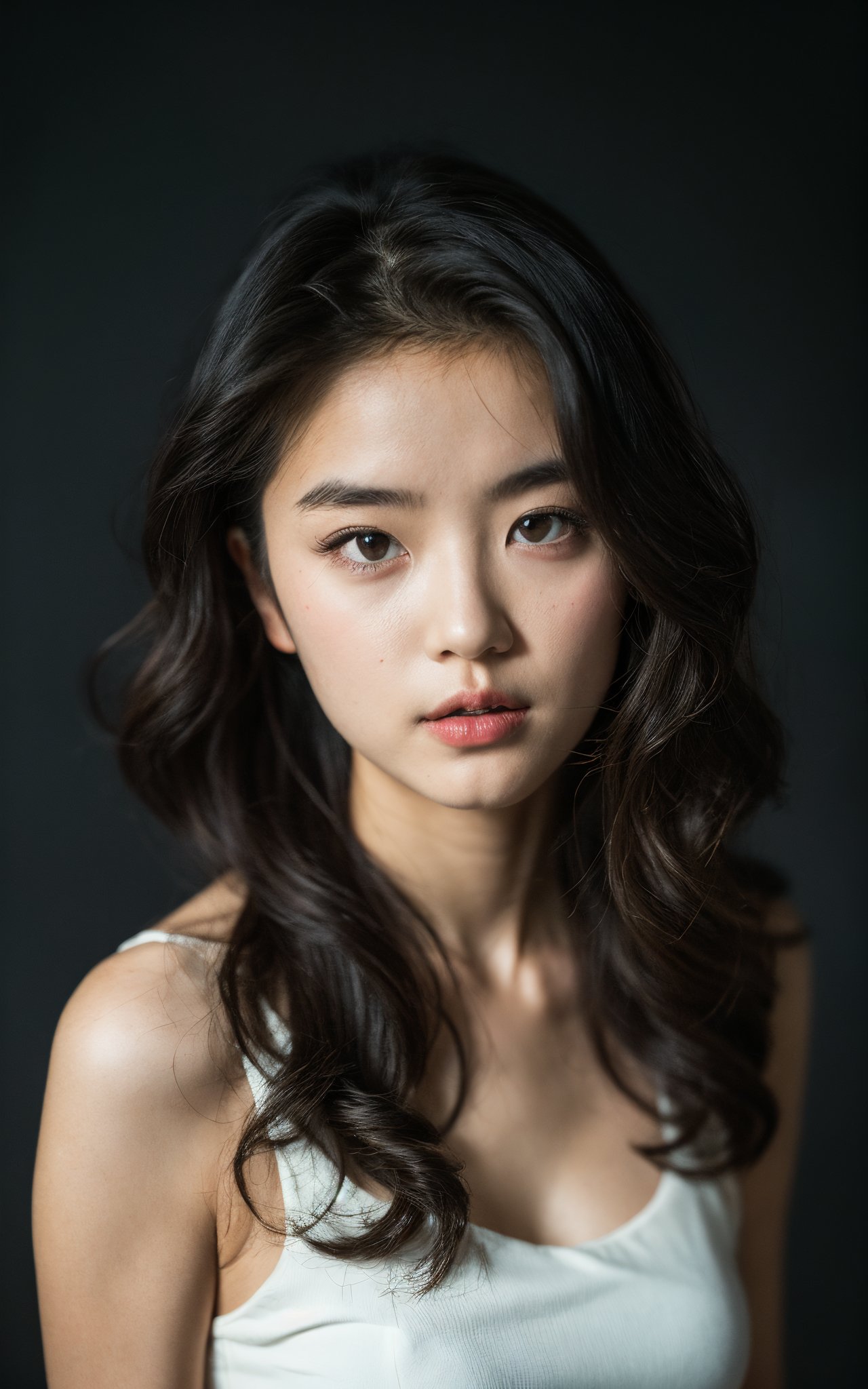 1girl,solo,upper body,curly hair,in the dark,dress,deep shadow,reflection light,depth of field,black background,simple background,( chiaroscuro,Fujicolor, UHD, super detail ,raw,85mm,f/1.2,FujifilmXT4,),1