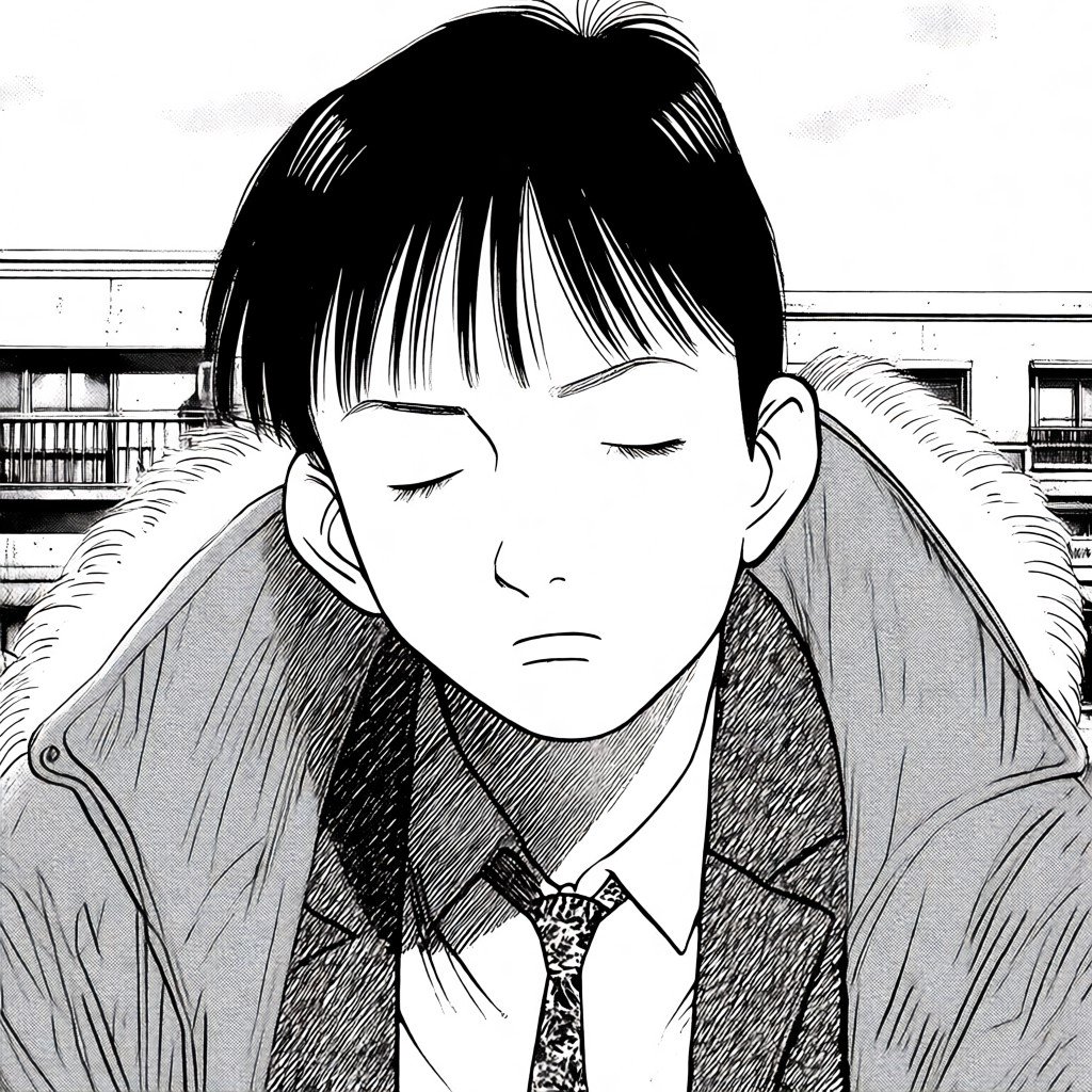 A manga style image of a young man with short hair and a serious expression on his face. He is wearing a jacket with a fur...