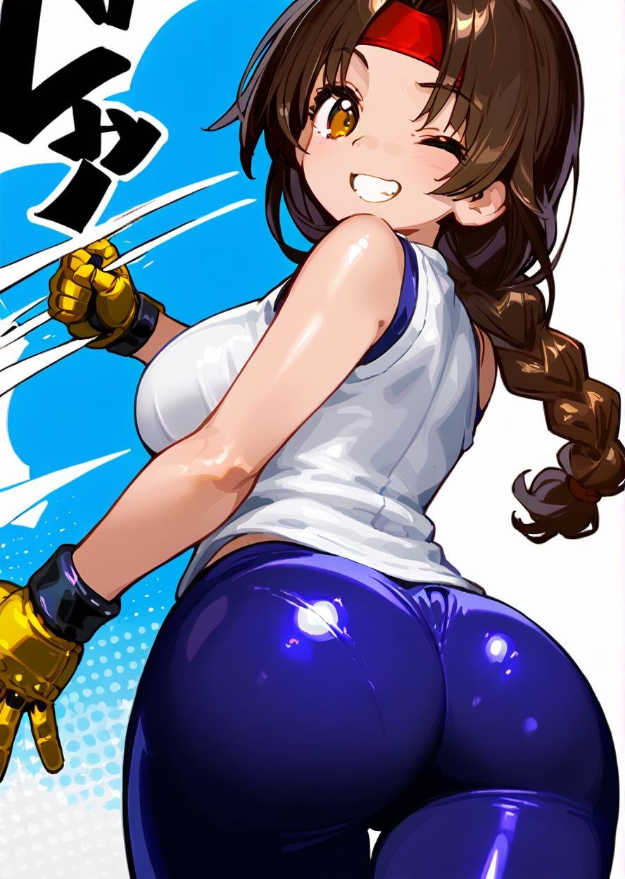 score 9, score 8 up, score 7 up, rating questionable,detailed background,<lora:yuri.pony:1>,yuri, large breasts, shiny skin,ass, look back, slapping own ass, grin, one eye closed,  <lora:OnonoImoko-v1-PDXL:1>