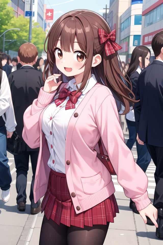 insanely detailed, absurdres, ultra-highres, ultra-detailed, best quality,1girl, solo, nice hands, perfect handsBREAK(School Uniforms:1.2), (pink cardigan is fit body:1.4), ((do up a buttons, not loose):1.5), ((long sleeve, sleeves past wrists):1.2), (inner wear is white collared-shirt:1.3), (red plaid-pattern bow:1.3), (red plaid-pattern pleated skirt:1.3), ((dark-brown pantyhose, loafers):1.2)BREAKhappy smile, laugh, open mouth, standing,from side,cute pose, cowboy shotBREAKslender, kawaii, perfect symmetrical face, ultra cute girl, ultra cute face, ultra detailed eyes, ultra detailed hair, ultra cute, ultra beautifulBREAKin harajuku, shibuya, tokyo, street, crowd, cityscapeBREAKmedium large breasts,(brown hair, brown eyes), hime cut