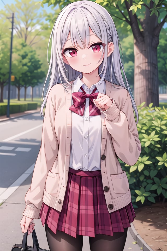 insanely detailed, absurdres, ultra-highres, ultra-detailed, best quality,1girl, solo, nice hands, perfect handsBREAK(School Uniforms:1.2), (pink cardigan is fit body:1.4), ((do up a buttons, not loose):1.5), ((long sleeve, sleeves past wrists):1.2), (inner wear is white collared-shirt:1.3), (red plaid-pattern bow:1.3), (red plaid-pattern pleated skirt:1.3), ((dark-brown pantyhose, loafers):1.2), (cleavage:-1.5)BREAKhappy smile, laugh, closed mouthBREAK(45 angle:-1.5), (from side:-1.5),standing, cowboy shot, looking at viewerBREAKslender, kawaii, perfect symmetrical face, ultra cute girl, ultra cute face, ultra detailed eyes, ultra detailed hair, ultra cute, ultra beautifulBREAKin forest, depth of field, ultra detailed backgroundBREAKmedium large breastsBREAK(grey hair, red eyes), spiked hair,