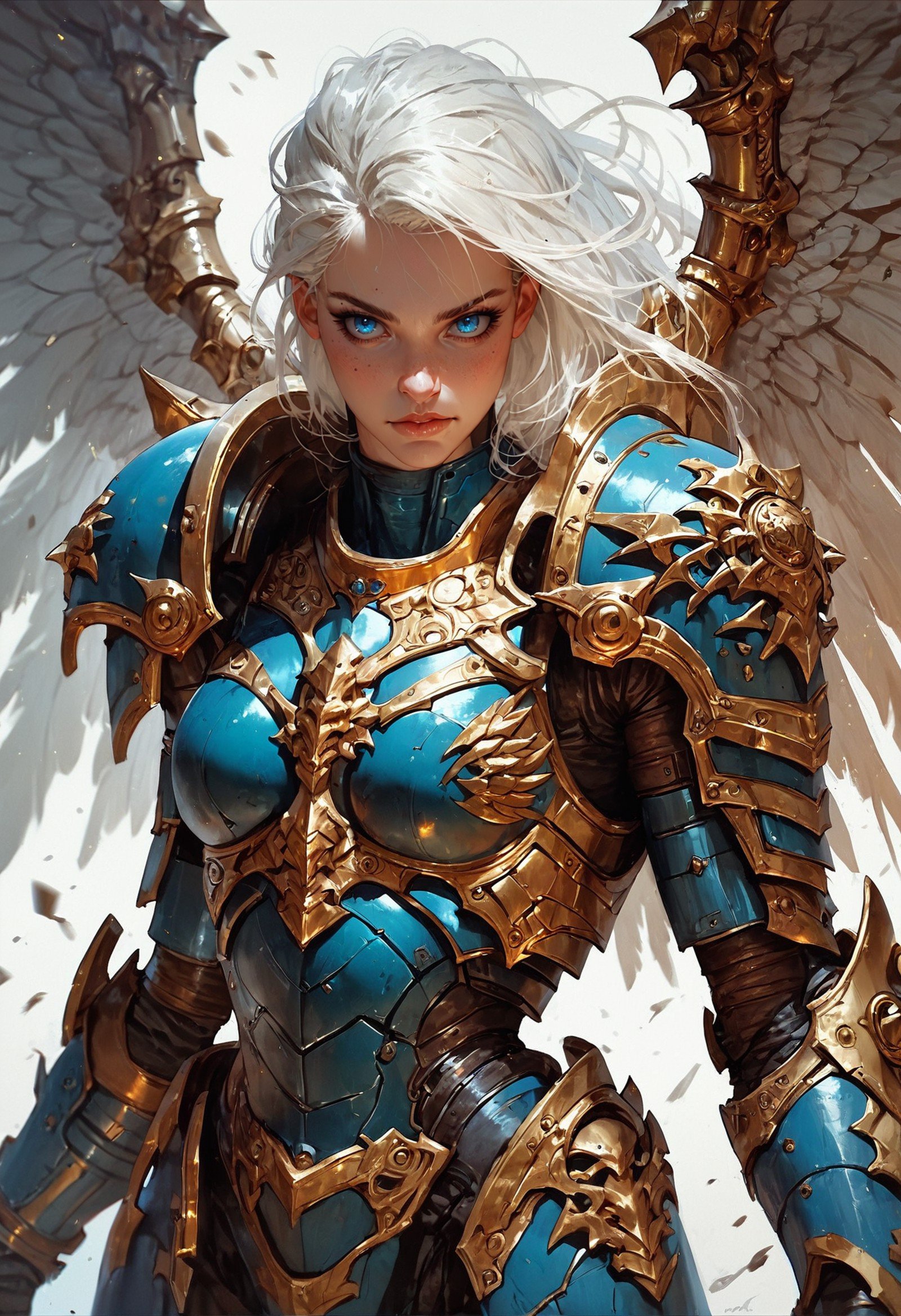 score_9, score_8_up, score_7_up, score_6_up, score_5_up, score_4_up,<lora:Fant5yP0ny:0.8>, 1girl, armor, weapon, wings, solo, shoulder armor, blue eyes, pauldrons, white hair, looking at viewer, power armor