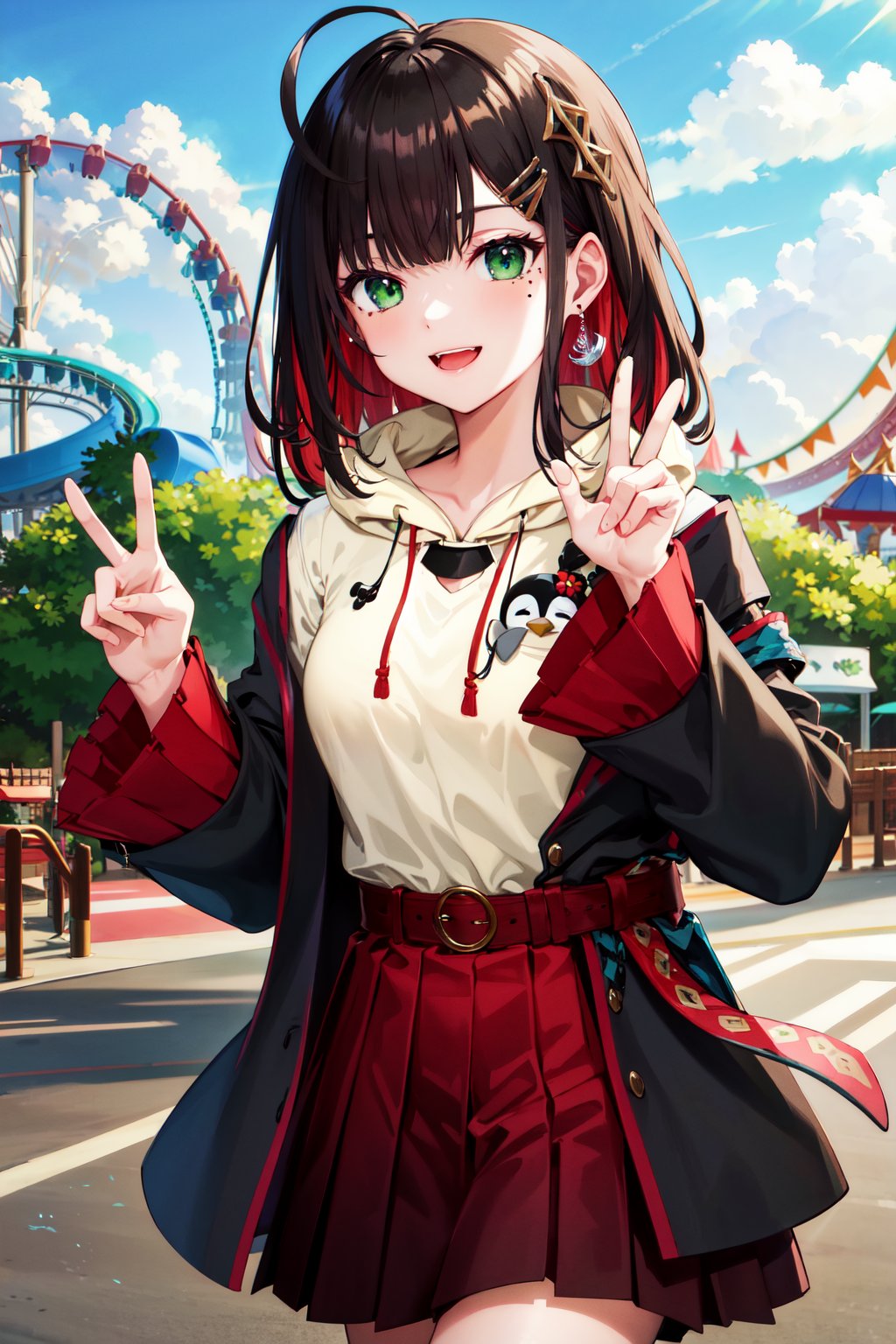 masterpiece, best quality, highres, aayui, medium hair, multicolored hair, hair ornament, ahoge, green eyes, mole under eye, earrings, collared shirt, hoodie, penguin, hood, black jacket, open clothes, long sleeves, belt, red skirt, pleated skirt, <lora:hizuki_yui_v1:0.7>, peace sign, amusement park, smiie