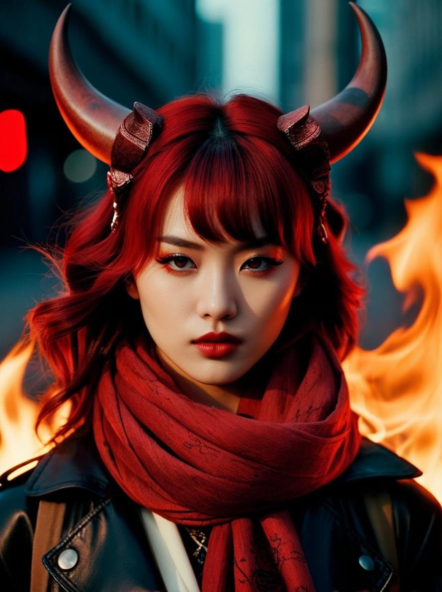 photograph, Neo-Tokyo young_female_demon, (red skin tone), dark eyes, Light hair styled as Wavy, Horns, Scarf, Lonely, (hell), fire, Decopunk, film grain, Phase One XF IQ4 150MP, 35mm, art by Bojan Jevtic