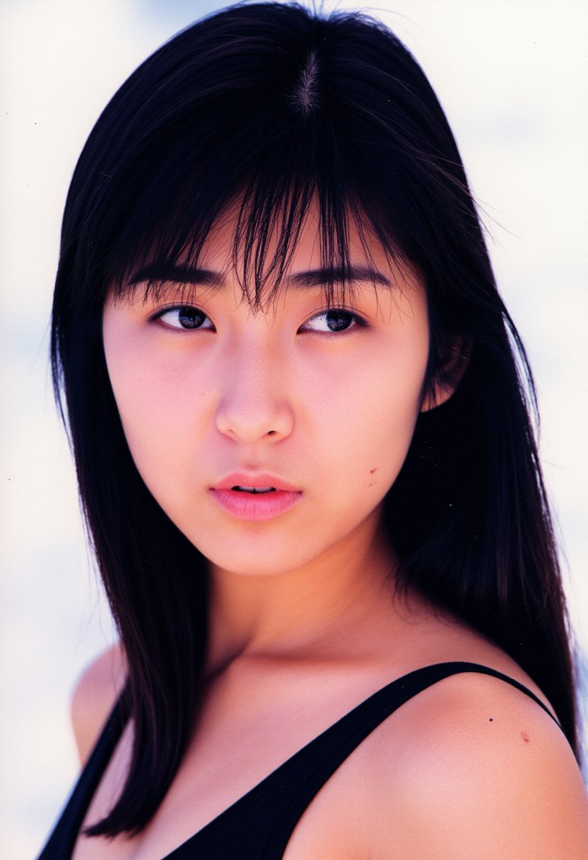 Japanese color film photograph of a woman with Asian features,  shown in a close-up. She has long,  straight black hair wi...