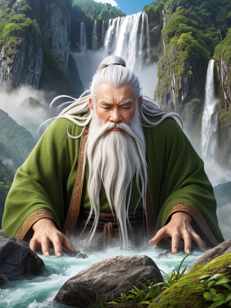 solo,(elder:1.2),(eyes_closed:1.2),kindly,mountain deity,freehand landscape painting,a male image,peak,waterfall,waterfall,gods,immortal,giant gods and mountains merge into one,white hair,white beard,white eyebrows,wrinkle,, masterpiece,best quality,highly detailed,Amazing,finely detail,extremely detailed CG unity 8k wallpaper,score:>=60,, beautiful detailed eyes,Fine hair texture,, incredibly absurdres,wallpaper,realistic,real,photo,landscape,foreshortening,