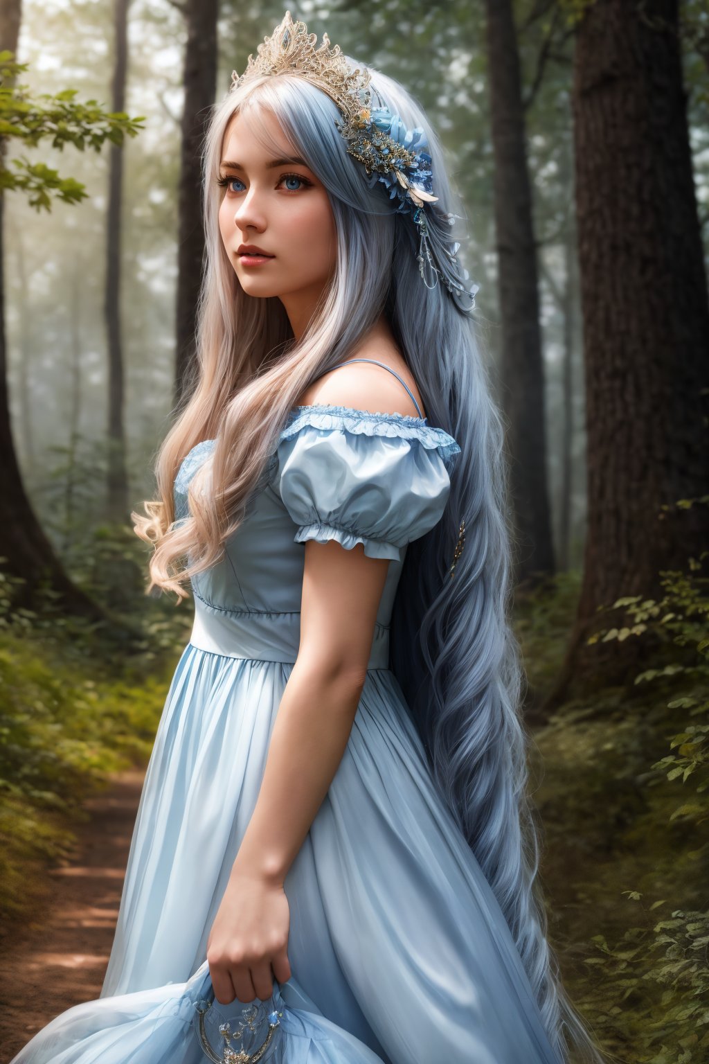 masterpiece, highly detailed 8k, best quality, volumetric lighting, volumetric lighting, intricate, Platinum very long hair young woman in Light blue rfdrss, confident, Cloud Burst Blue eyes, Enchanted Forest Clearings background <lora:ruffled dress v4.3-000007:1>