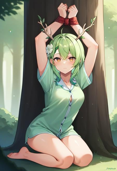 score_9,score_8_up,score_7_up,score_6_up,score_5_up,score_4_up,1girl, ceres fauna, virtual youtuber, hair flower, antlers, pajamas, sleepwear, breasts,solo, cowboy shot, looking at viewer, kneeling, outdoors, forest, against tree,arms up, bound wrists,<lora:faunaponyxl5:0.8> <lora:boundwristsupponyxl:1>