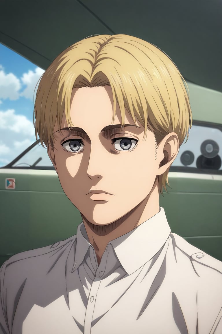 score_9, score_8_up, score_7_up, source_anime, rating_safe, intricate details, (photorealistic:0.6), , depth of field, 1boy, male focus, grey eyes, medium blonde hair,, solo, panorama, plane, noon, w arms, squinting, <lora:shingeki_no_kyojin_s4_style_pony:0.78>, shingeki_no_kyojin_s4_style, <lora:sdxl_lightning_8step_lora:1>