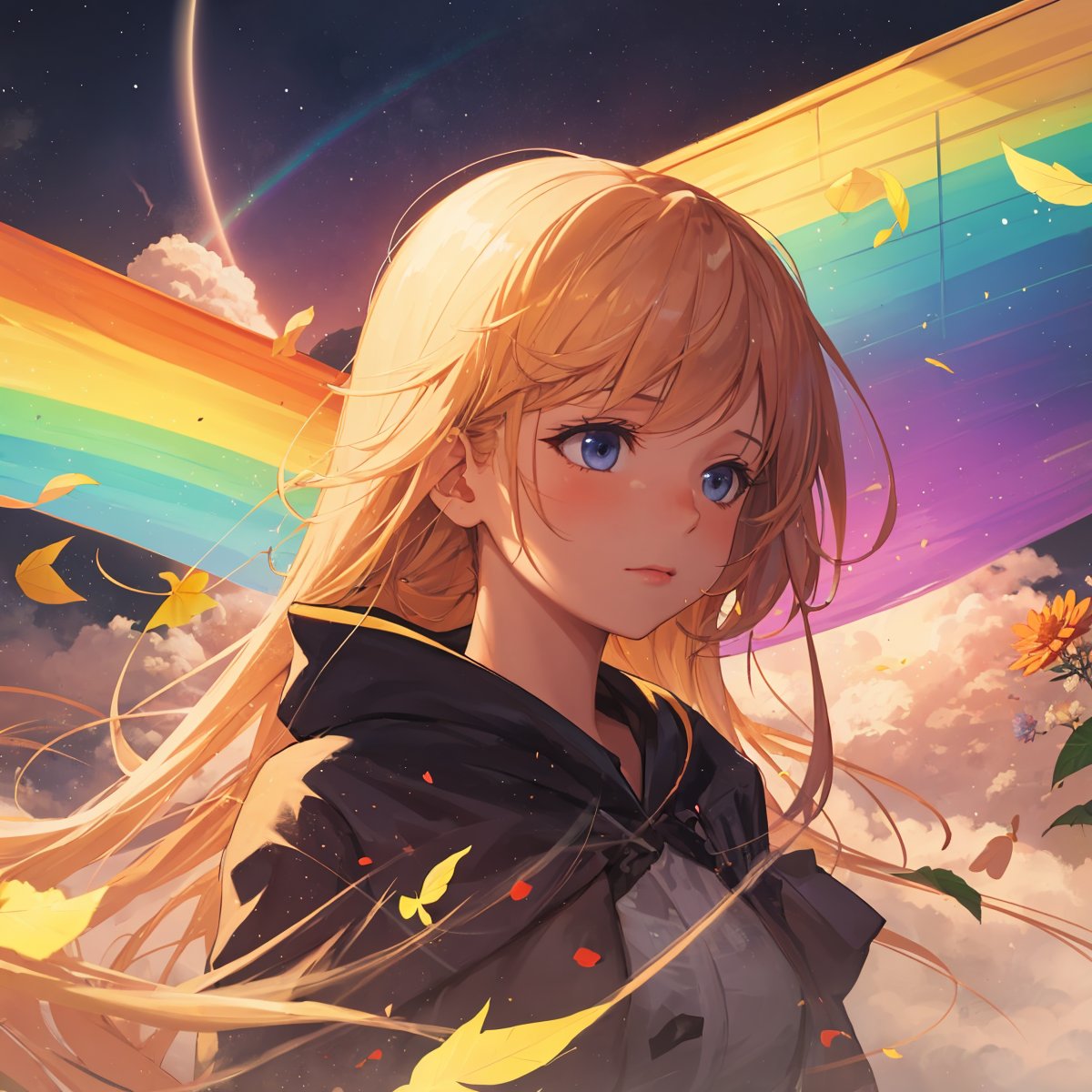 1girl, flowers, leaf, swirling mist, rainbow mist, dripping, traditional texture, (silhouette:1.3), rainbow:1.3, nebula, clouds, moon, meteor shower