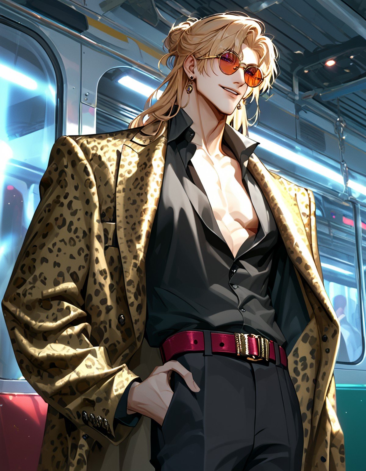 score_9, score_8_up, score_7_up, BREAK 1boy, solo, BREAK male focus, purple eyes, (long hair, blonde hair, bangs),  leopard print coat over shoulders, pectorals, navel, muscular, (tan skin), open black shirt, jewelry, earrings, (round eyewear,  red sunglasses), black pants, red belt, shoes, smile, parted lips, BREAK train station, night, city,  cowboy shot, hand on own neck, standing, looking at viewer,  <lora:ikemenboys:1>, score_9, score_8_up,score_7_up, score_6_up, score_5_up, score_4_up,