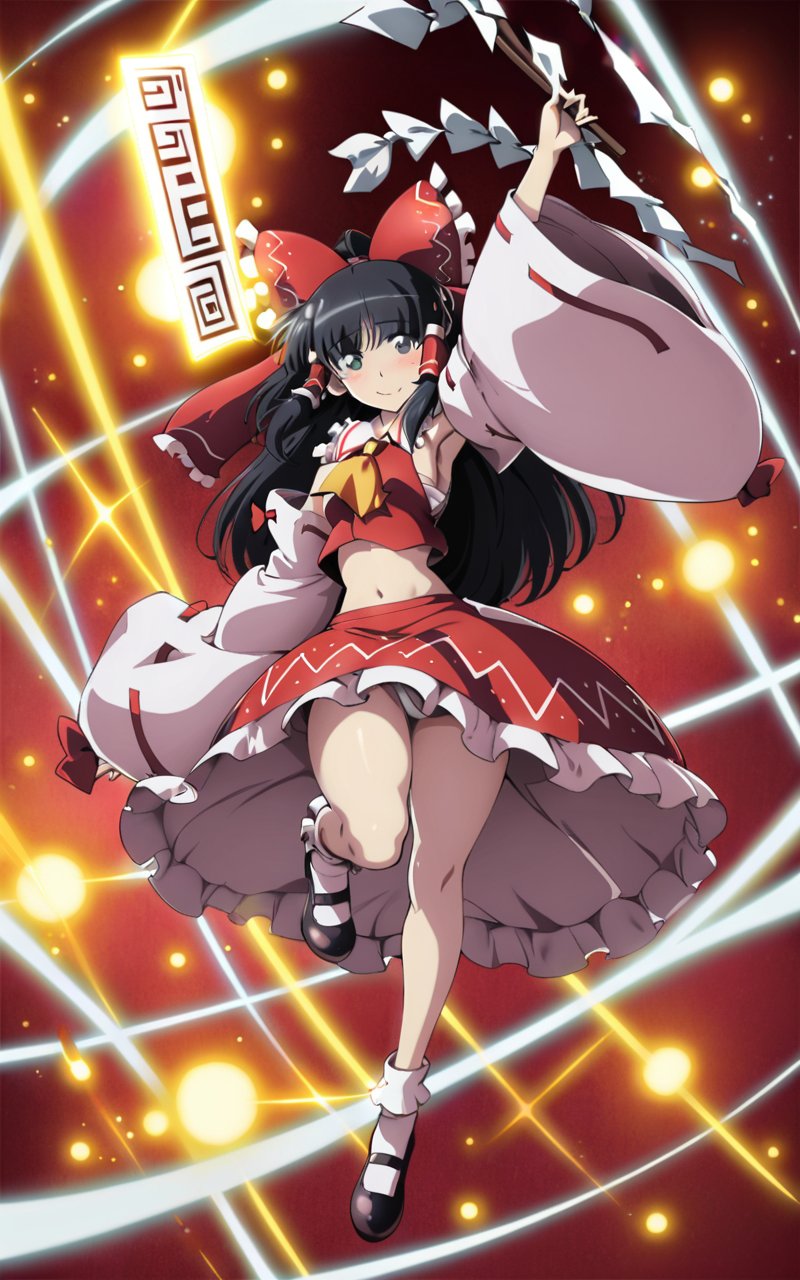 masterpiece, best quality, <lora:tgm-xl-a3.1:1>,pixiv,1girl, solo, hakurei reimu, gohei, danmaku, skirt, detached sleeves, mary janes, shoes, black hair, bow, hair tubes, navel, armpits, hair bow, red skirt, frills, ascot, socks, ribbon trim, ribbon-trimmed sleeves, red bow, frilled skirt, midriff, white socks, ofuda, full body, black footwear, black eyes, wide sleeves, looking at viewer, arm up, shirt, holding, frilled bow, spell card, skirt set, sidelocks, frilled shirt collar, bobby socks, long hair, smile, yellow ascot, light particles, blush, red shirt, glowing, bangs, ribbon, closed mouth, long sleeves, sleeveless shirt, breasts, outstretched arm, ponytail, collared shirt, stomach, ankle socks, sleeveless, vest, leg up, sarashi, bare shoulders, white sleeves, crop top, grey eyes