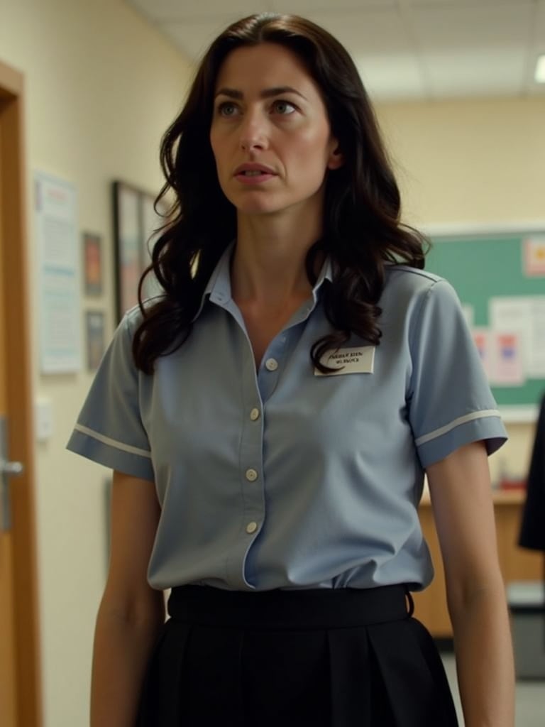 cbk, cinematic,  full body shot, claudia black wearing a teacher's outfit in school, her hair is loose,  photorealistic, real photography, 8k, hd,  <lora:claudia-black:1.2>