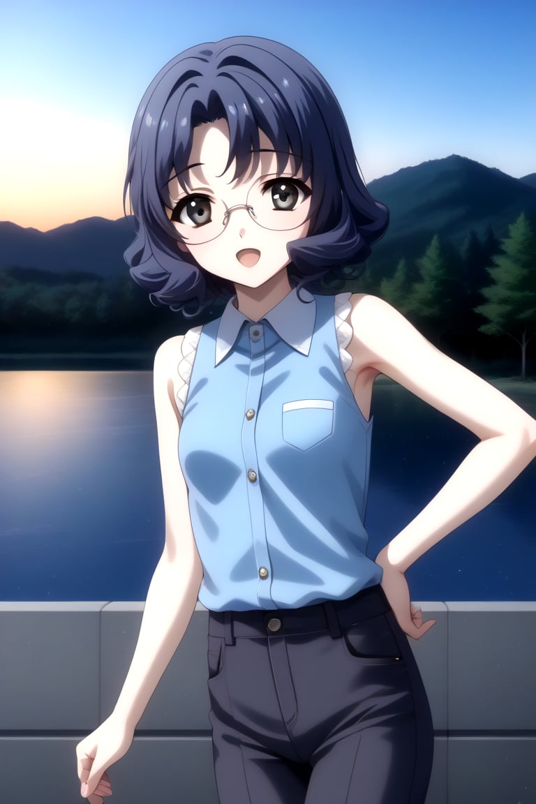 Highly detailed, High Quality, masterpiece, beautiful, 1girl, solo, (feminine focus, young woman, 16 years old), ai yamagata, short hair, blue hair, glasses, black eyes, (small breasts), Open mouth, sleeveless, ((sky blue shirt:1.8)), pants, forest, night, outdoors, looking_at_viewer, front_view, standing<lora:EMS-432479-EMS:1.000000>, <lora:EMS-425426-EMS:0.800000>