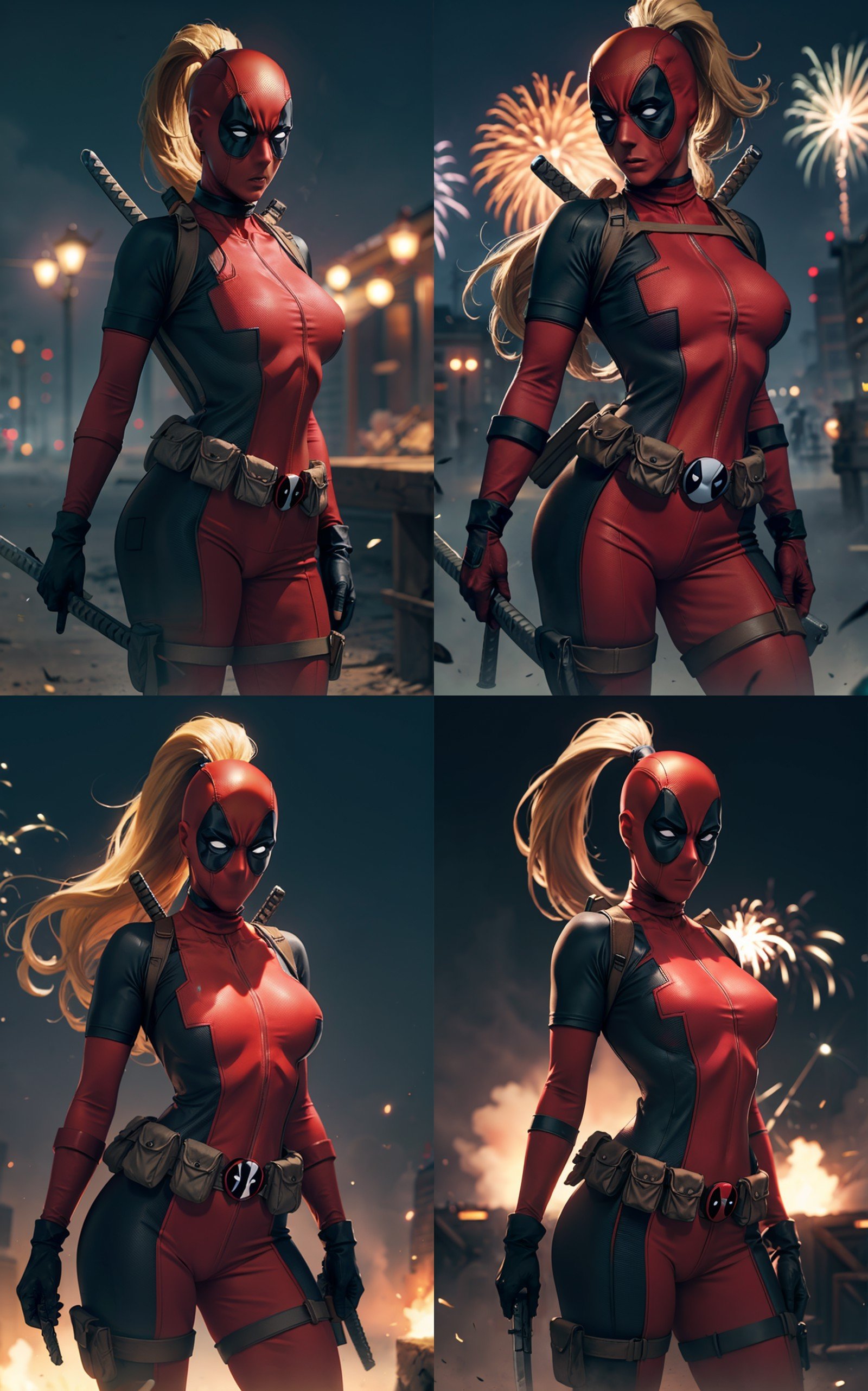 masterpiece, best quality, highres, contrapposto,BodySuit_lady_deadpool_ownwaifu,1girl, mask, blonde hair, ponytail, long hair, large breasts, no pupils, bodysuit, skin tight, superhero, belt pouch, utility belt, red bodysuit, gloves, weapon on back, thigh pouch, thigh strap, thigh holster, belt buckle, turtleneck, {<lora:MARVEL_lady_deadpool_ownwaifu:1> |<lora:MARVEL_lady_deadpool_ownwaifu:0.9> |<lora:MARVEL_lady_deadpool_ownwaifu:0.8> |<lora:MARVEL_lady_deadpool_ownwaifu:0.7> },light particles, depth_of_field, scenery, night, aerial fireworks, solo, cowboy shot, looking at viewer,