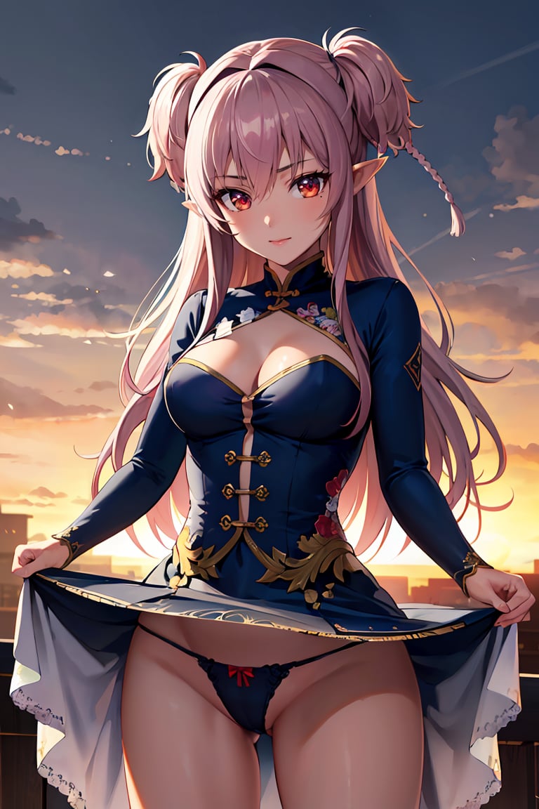 masterpiece, best quality, highres, ultra-detailed, glistening shiny, glowing light, ray tracing, HDR, deph of field, (perfect face, detailed face), <lora:Twiska:0.8>, twiska, long hair, two side up, pointy ears, medium breasts, china dress, skirt lift, panties, standing