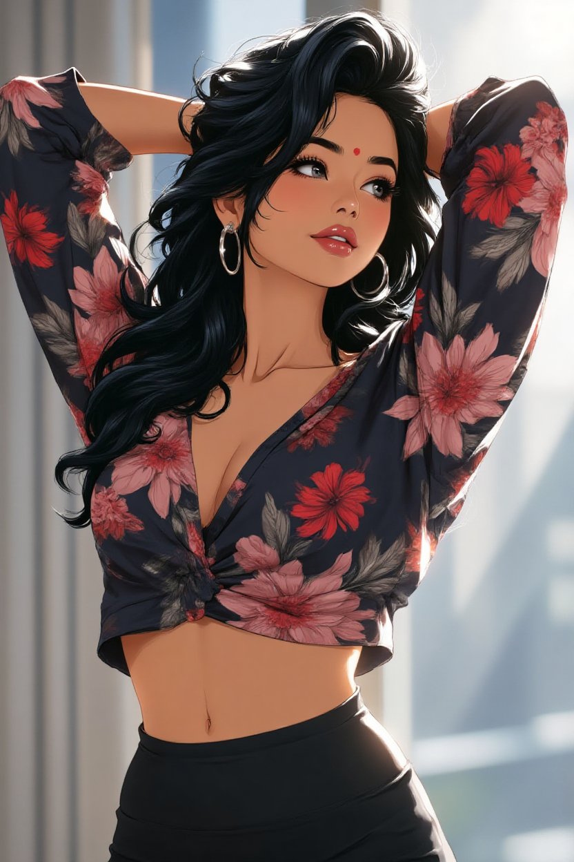 { "prompt": "A digital semi-realistic illustration of a woman with voluminous wavy black hair,  wearing a floral long-slee...