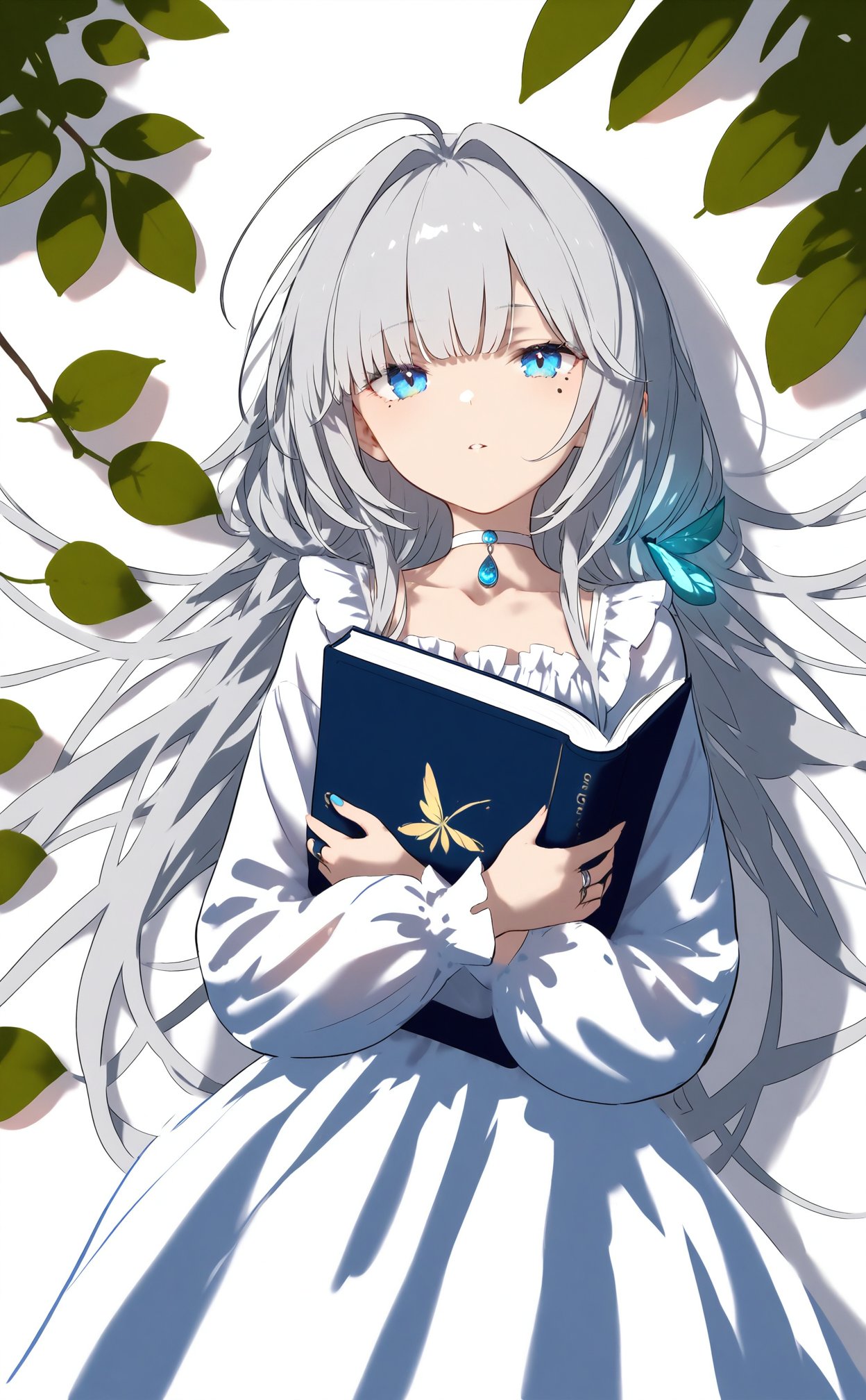 masterpiece,best quality,high quality,(colorful),nai3 Style,loli,1girl,solo,holding,book,long hair,white choker,holding book,mole under eye,choker,ahoge,mole,parted lips,white dress,blue eyes,hair intakes,upper body,jewelry,looking at viewer,leaf,frills,dress,white hair,long sleeves,hugging object,lying,grey hair,huge ahoge,bug,collarbone,on back,plant,ring,