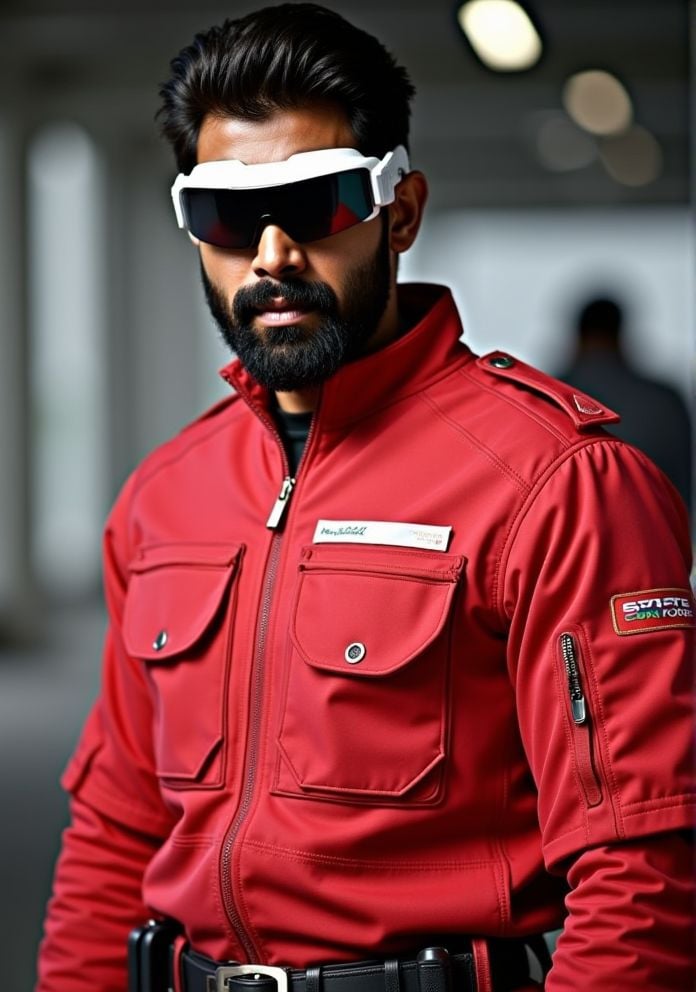 rana daggubati ,  Hi-res photo. He wears futuristic electronic glasses. He is wearing a light red,  close fitting flight s...