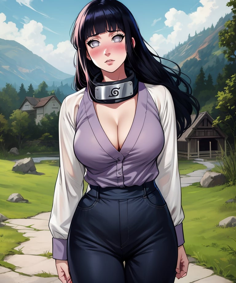 Hinata,black hair,blunt bangs,no pupils,grey eyes,long hair,long sleeves,konohagakure symbol,forehead protector around neck,pants,cleavage,blush,arms behind back,solo,village,outdoors,(insanely detailed, masterpiece, best quality,),<lora:HinataShip:0.8>,