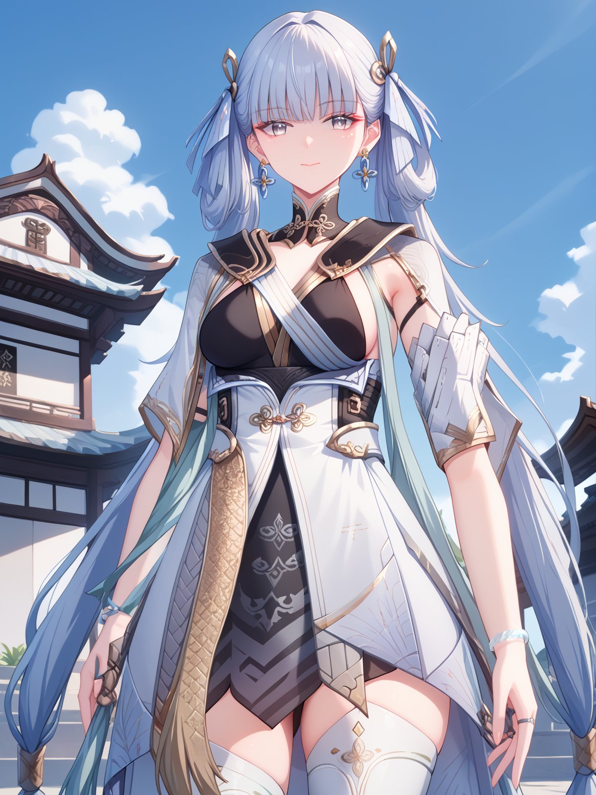 ((score_9)), ((score_8)) smile, looking at viewer,   <lora:JinshiPonyV5-04:1>  ((jinshiponyv5:1.3)), 1girl, long hair, earrings, closed mouth, grey eyes, medium breasts, blunt bangs, dress, ribbon, hair ribbon, mole under eye, very long hair, short sleeves, bracelet, ring, collarbone,  white thighhighs, thigh boots, cowboy shot, temple, east asian architecture, 