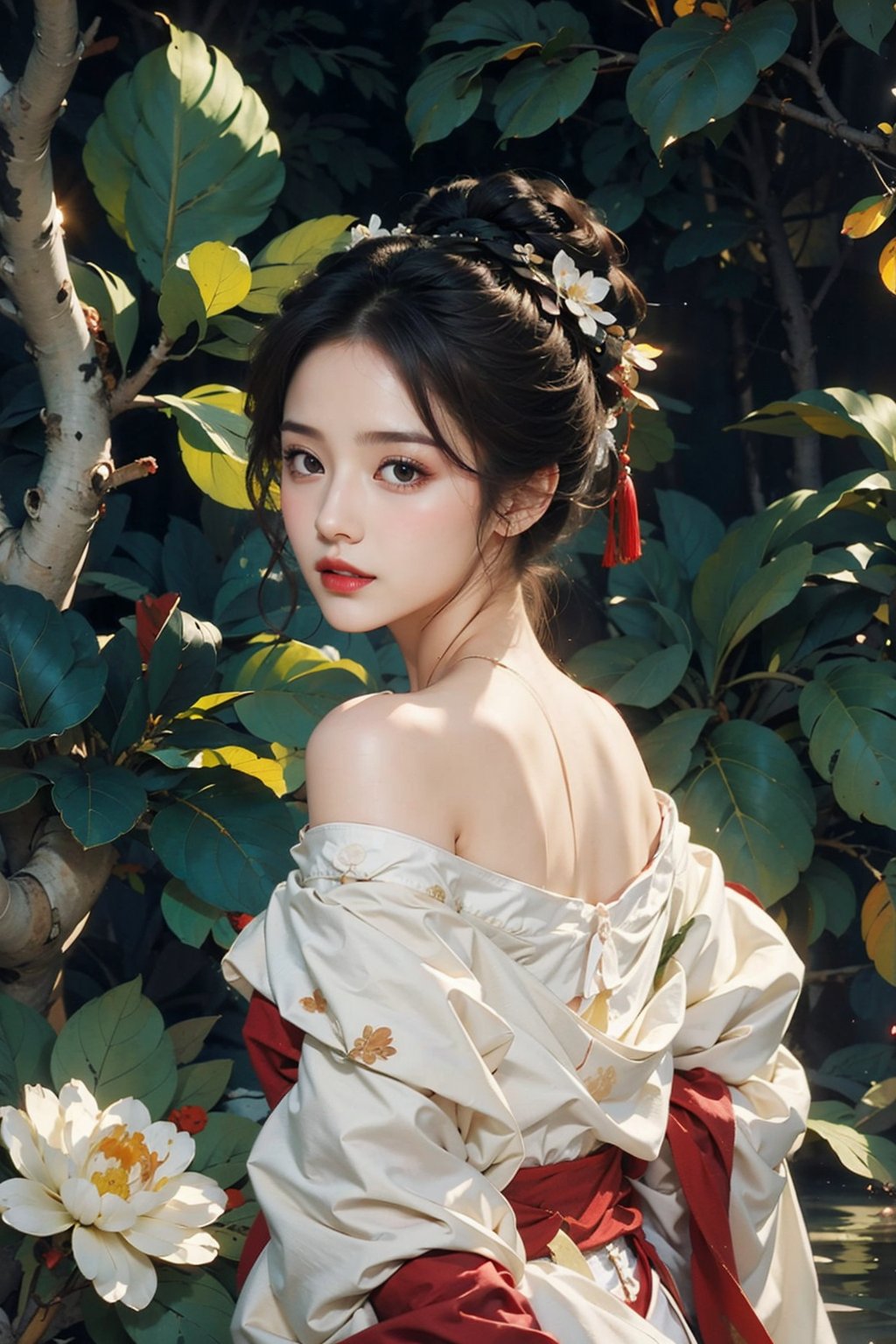 1girl,solo,flower,hair bun,hanfu,water,bare shoulders,black hair,chinese clothes,off shoulder,dress,long sleeves,hair ornament,branch,single hair bun,white flower,leaf,red lips,jewelry,<lora:linhe gufeng_20231016142654:0.8>,