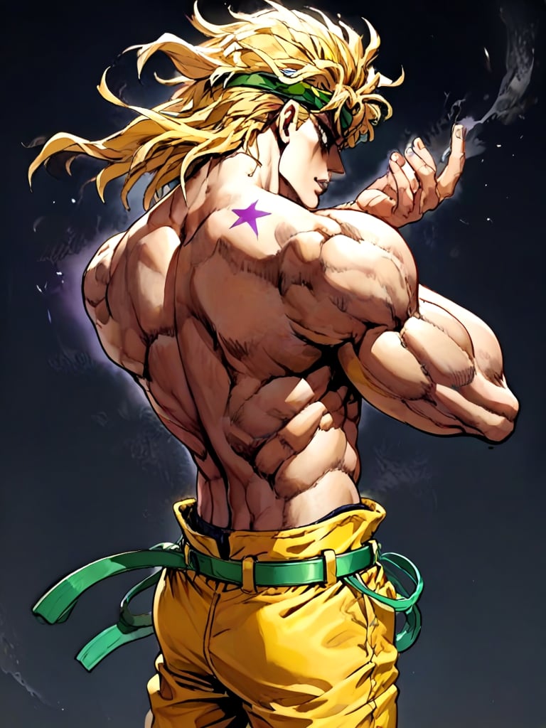 ((black background)), close-up, dio_brando's_pose_\(jojo\), birthmark \(joestar\), ear birthmark, looking at viewer, jojo pose, stepped on staris, steam, night, wind, vampire, off shoulder, blonde hair, headband, green belt, yellow pants, topless male, muscular male, narrow waist, evil smile, bare back. shaded face, looking back, full body, <lora:dioandhisstarbirthmark_pony:1>