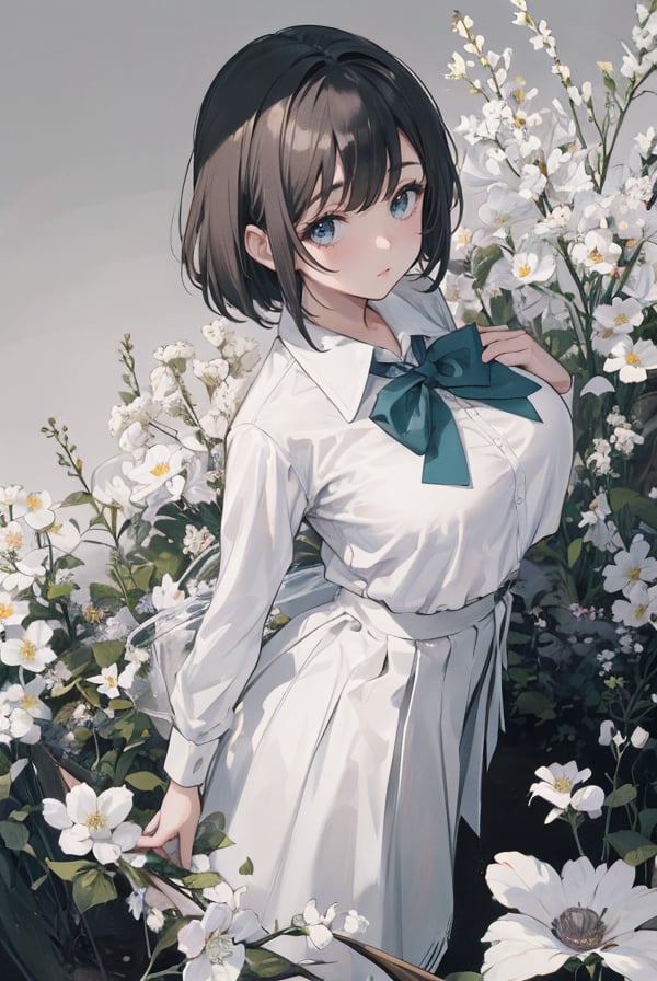 best quality,masterpiece,ultra high res,looking at viewer,simple background,huge breasts,1girl,fujifilm,fuji 800z,Fujifilm X-T3,35mm f/6.3 lens,1girl,(Perfect female body:1.2),school_uniform,white flowers ,1girl,from above,bird's-eye_view,vintage filter,among flowers, backlight,limited_palette,white,field s of flowers