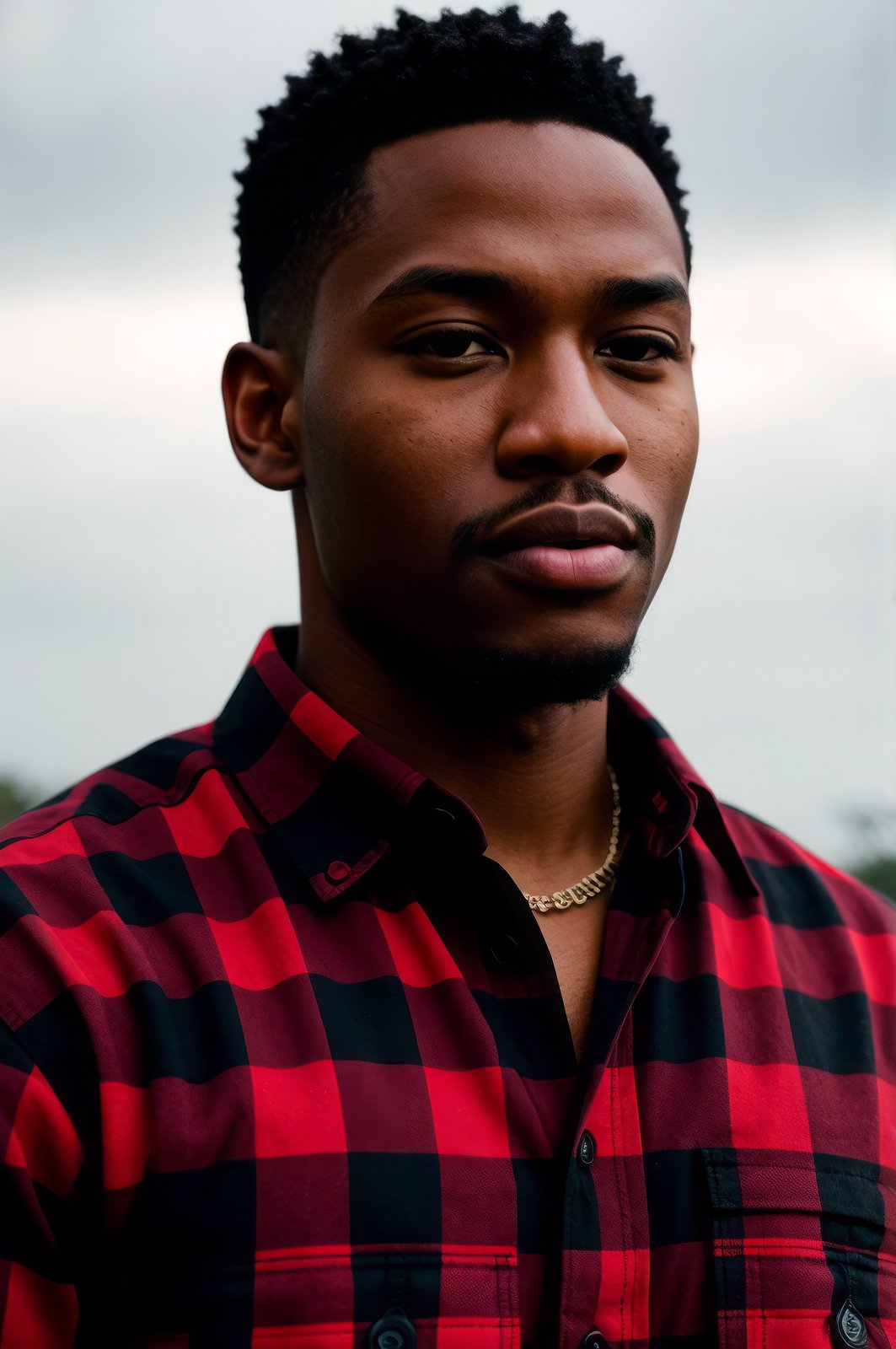 lifestyle photography photo of a black man, anticipate facial expression, red flannel shirt, black cargo pants and combat boots, close up on face, under soft lighting, high angle, shot on a Fujicolor Pro