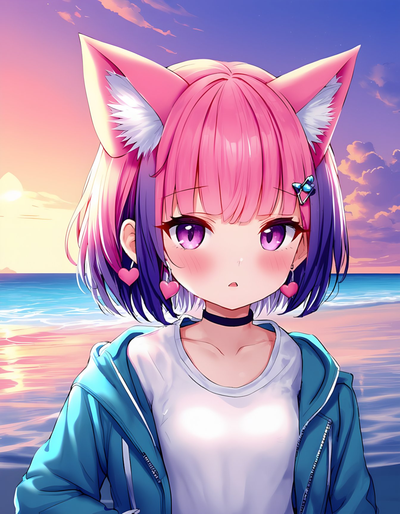 1girl, looking at viewer, blush, short hair, shirt, long sleeves, hair ornament, animal ears, cleavage, jewelry, jacket, purple eyes, collarbone, white shirt, upper body, pink hair, purple hair, multicolored hair, heart, outdoors, earrings, parted lips, open clothes, sky, choker, virtual youtuber, hairclip, cloud, hood, cat ears, water, two-tone hair, open jacket, animal ear fluff, black choker, ocean, beach, hood down, blue jacket, extra ears, hooded jacket, colored inner hair, sunset, heart hair ornament, heart earrings, heart choker,