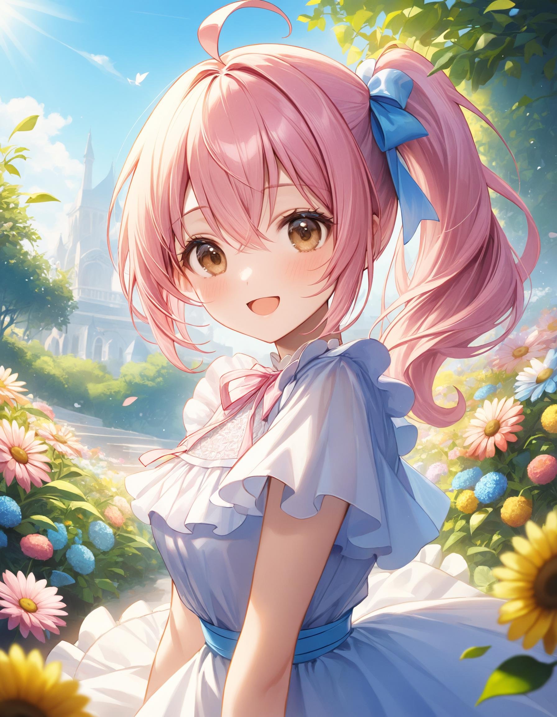 Portrait. Shooting from front. A cute girl. Round face. Detailed brown eyes. Tareme. Wavy hair, (side ponytail:1.05), pale pink hair, ahoge and hair between eyes. Detailed slender body. Medium breasts. White chiffon a-line dress, flutter short sleeves, layered ruffled skirt and ribbon waist. :D. (Contrapposto:1.1). Head tilt. Looking at viewer. Fashionable flower garden. (Blue sky view:1.1). Daytime. (Natural lighting:1.4). Aesthetic style. Cinematic style. Quality: Intricate details. Extremely detailed. Outstanding intricacies. (Masterpiece:1.2). (Best quality:1.2). (Absurdres absolutely resolution:1.4). Mood: Pastel atmosphere.