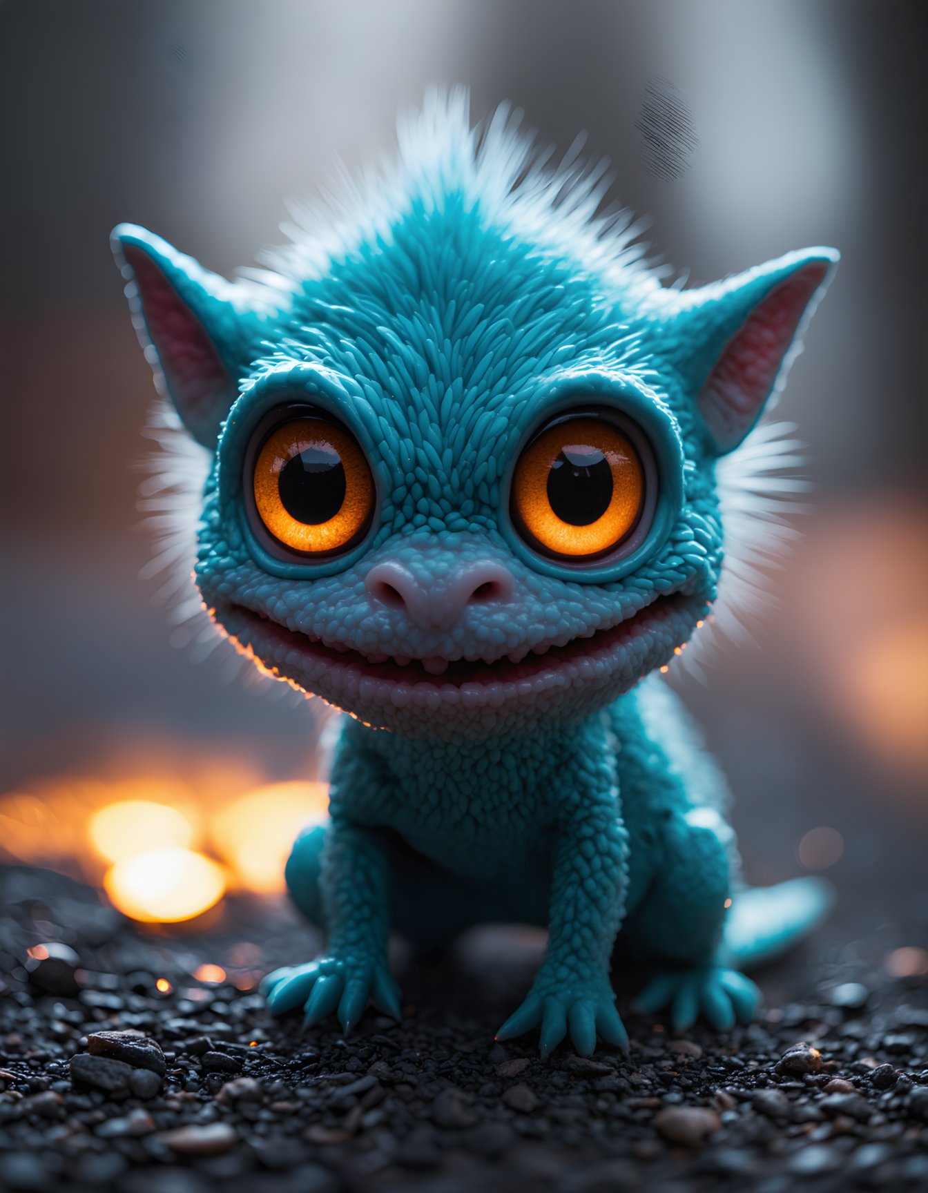 (best quality,8K,highres,masterpiece), ultra-detailed, capturing the whimsical essence of a cute, tiny monster with a distinctly creepy smile. This creature, while small in stature, boasts an array of vibrant colors and textures, making it stand out with its unique charm. Despite its eerie grin, there's an undeniable allure to its appearance, blending elements of the adorable with the slightly unsettling. The monster's eyes sparkle with mischief, suggesting a playful nature behind its unnerving smile. Its skin is highly textured, showcasing an array of soft, pastel shades that contrast with the darker, more mysterious tones of its grin. The background is deliberately blurred, focusing attention on the creature's expressive face and the intricate details that define its character. This portrayal combines the innocent with the eerie, inviting viewers into a world where even the smallest monsters carry a mix of cuteness and mystery. ,