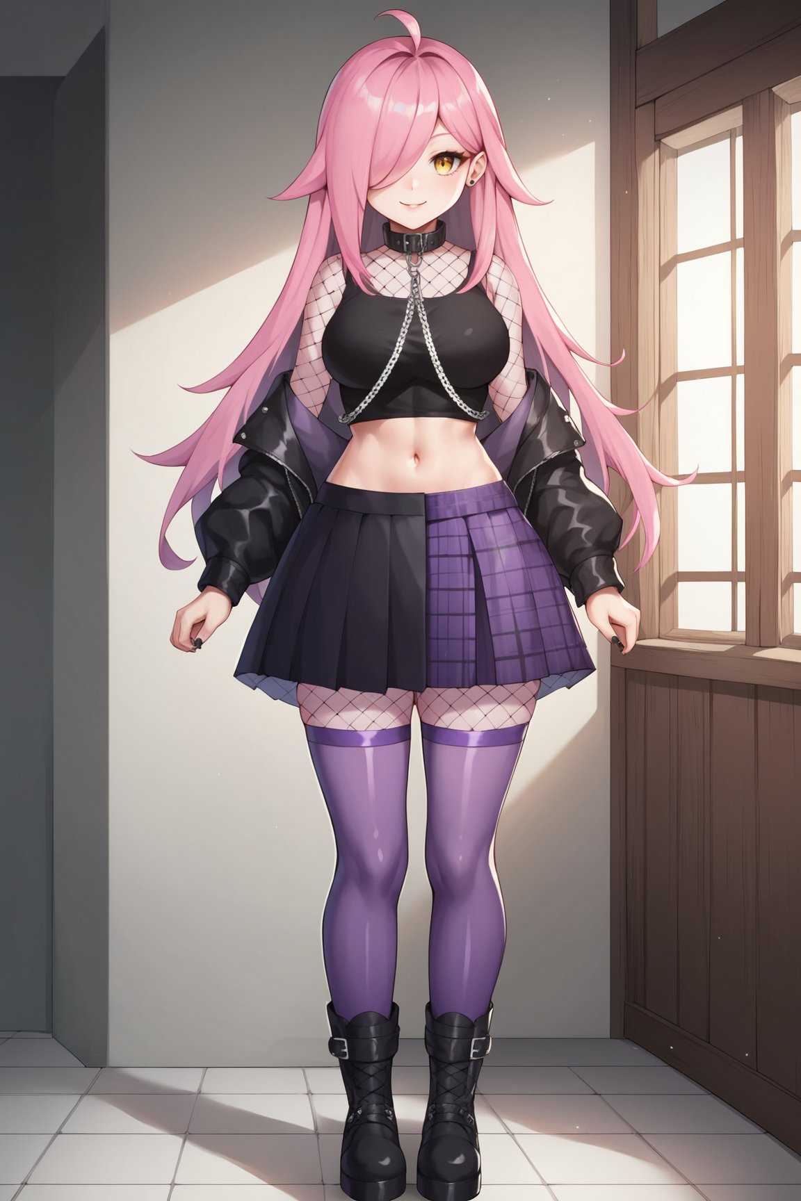 score_9, score_8_up, score_7_up, score_6_up, score_5_up, score_4_up, NeneEfthyVTXL, yellow eyes, hair covering one eye, long hair, pink hair, ahoge, collar, navel,  black pads sleeve, collar with chain, black crop top, mesh, purple skirt, black skirt, skirt, square skirt, two tone skirt, half color skirt, thight mesh, purple thighhighs, black boots, standing, looking at viewer, seductive smile, indoors, room <lora:NeneEfthyVTXL:0.7>