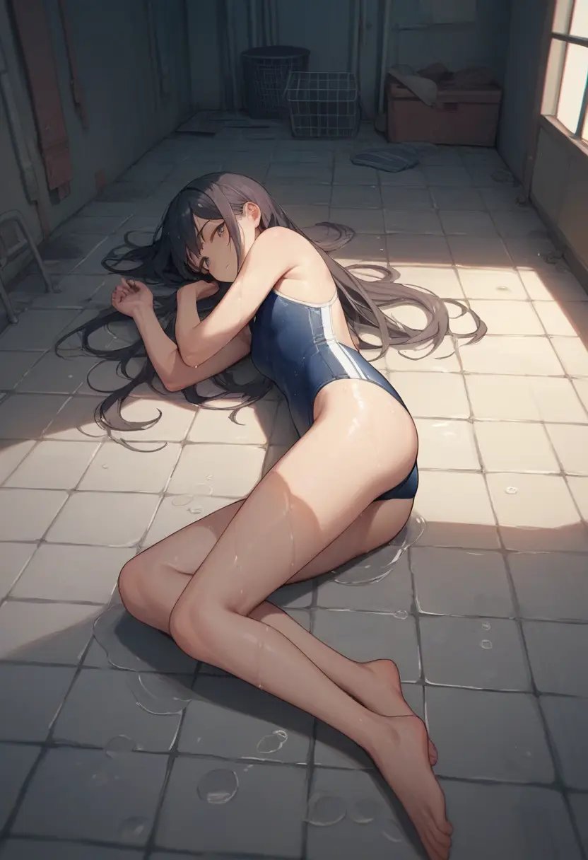 score_9, score_8_up, score_7_up, score_6_up, source_anime, 1girl, basement, wet floor, lying, on side,swimsuit, long hair, <lora:basement_v0.2-pony:1>