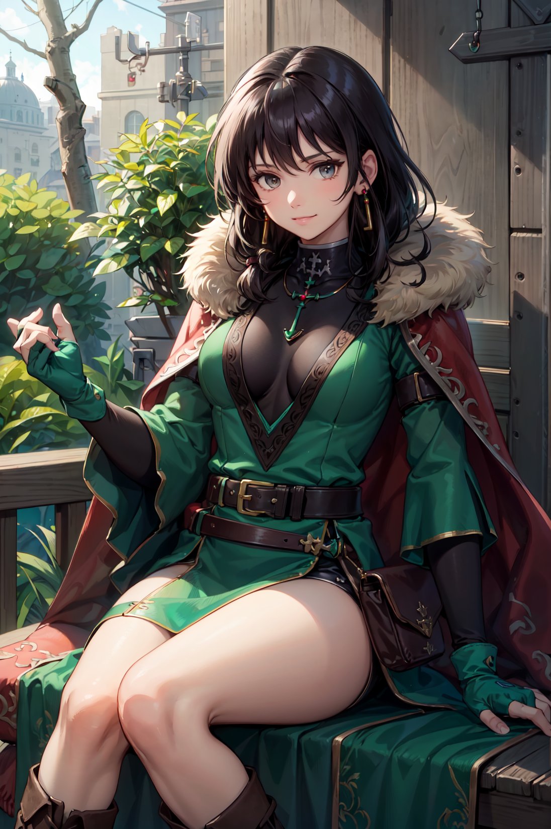 Posing as if painting a picture,sad smile,feet out of frame,<lora:mareetaV1-000014:0.7>,asc_mareeta, jewelry, belt, red cape, earrings,looking at viewer, green fingerless gloves, fur trim, gloves, medium breasts, knee boots, belt pouch, pouch, green dress, long sleeves, pelvic curtain, green gloves,outdoors,(masterpiece, best quality, ultra-detailed, best shadow)