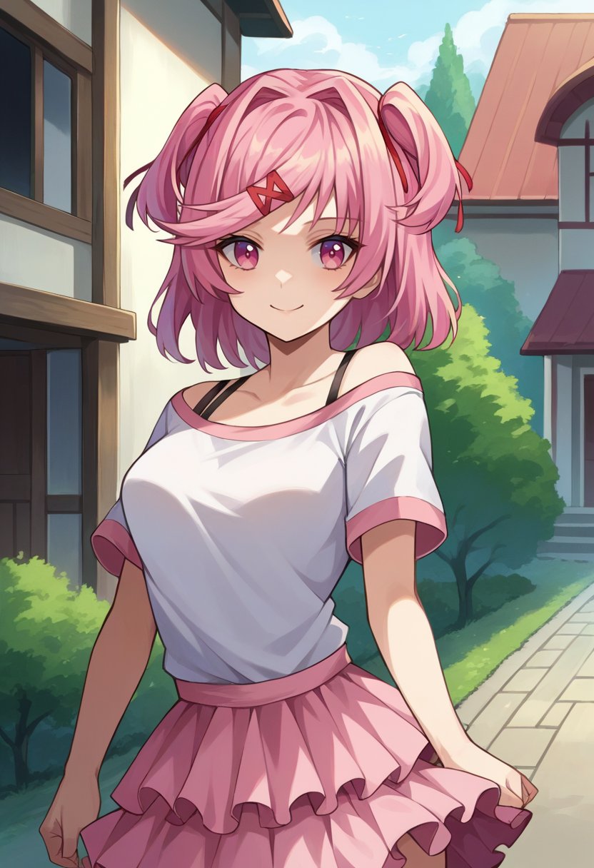 score_9, score_6_up, source_anime, 1girl, solo, cowboy shot, standing, natsuki, pink hair, pink eyes, two side up, x hair ornament, white t-shirt, bra strap, pink skirt, frilled skirt, layered skirt, house, outdoors, light smile <lora:ddlcXL:0.8>