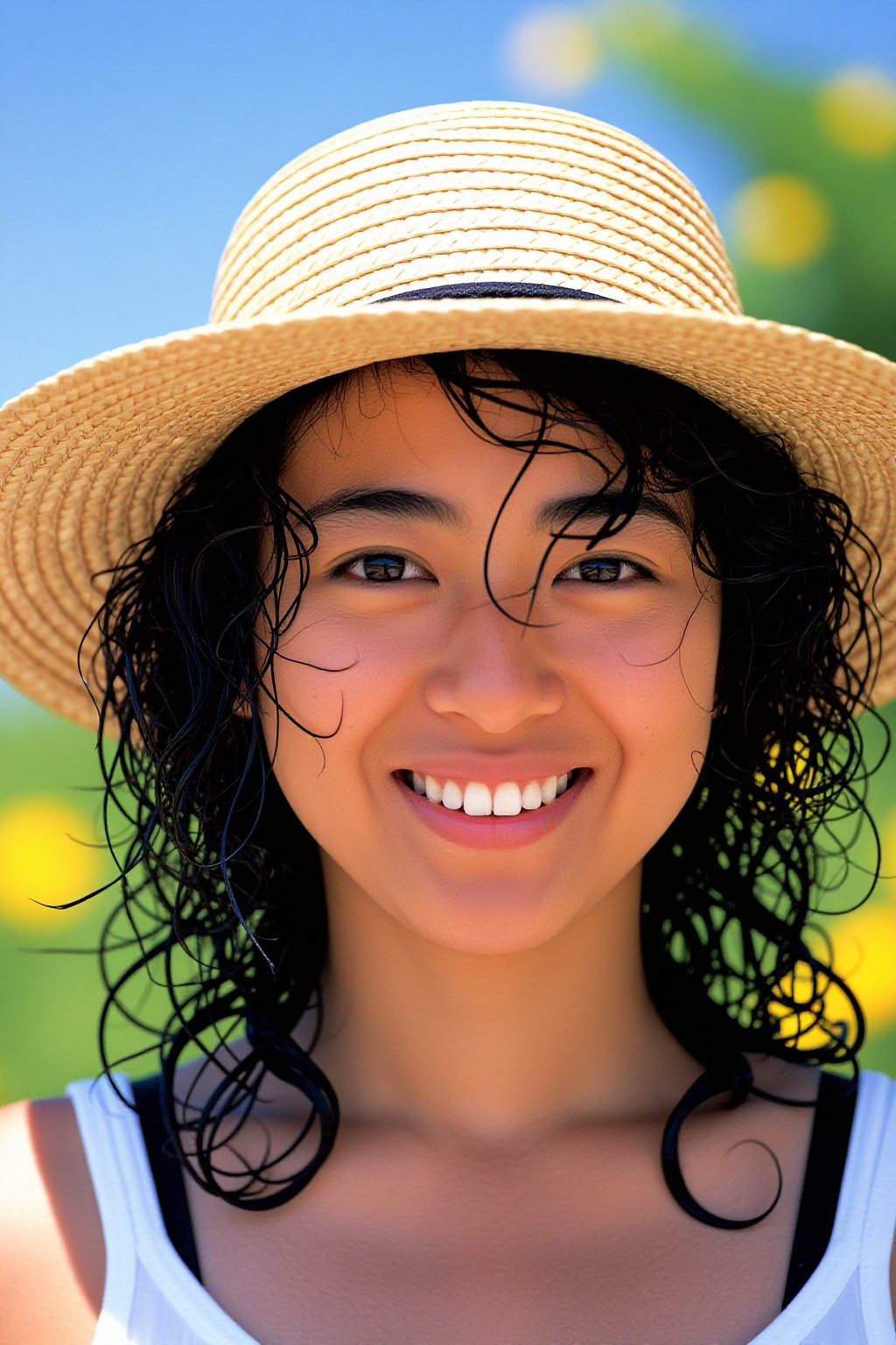 Japanese color film photograph of an Asian woman in a medium close-up framing. The woman,  with a light olive skin tone,...